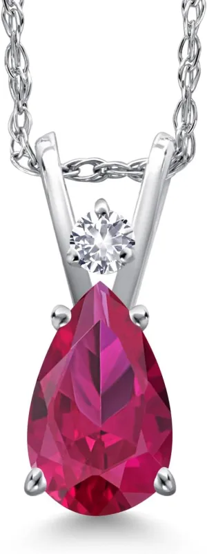 | Gemstone July Birthstone | Pear Shape 7X5MM | With 18 Inch Chain Gem Stone King 14K publicly folk hydrodynamic adept White Gold Red Created Ruby and White Created Sapphire Pendant Necklace for Women | 1.04 Cttw 