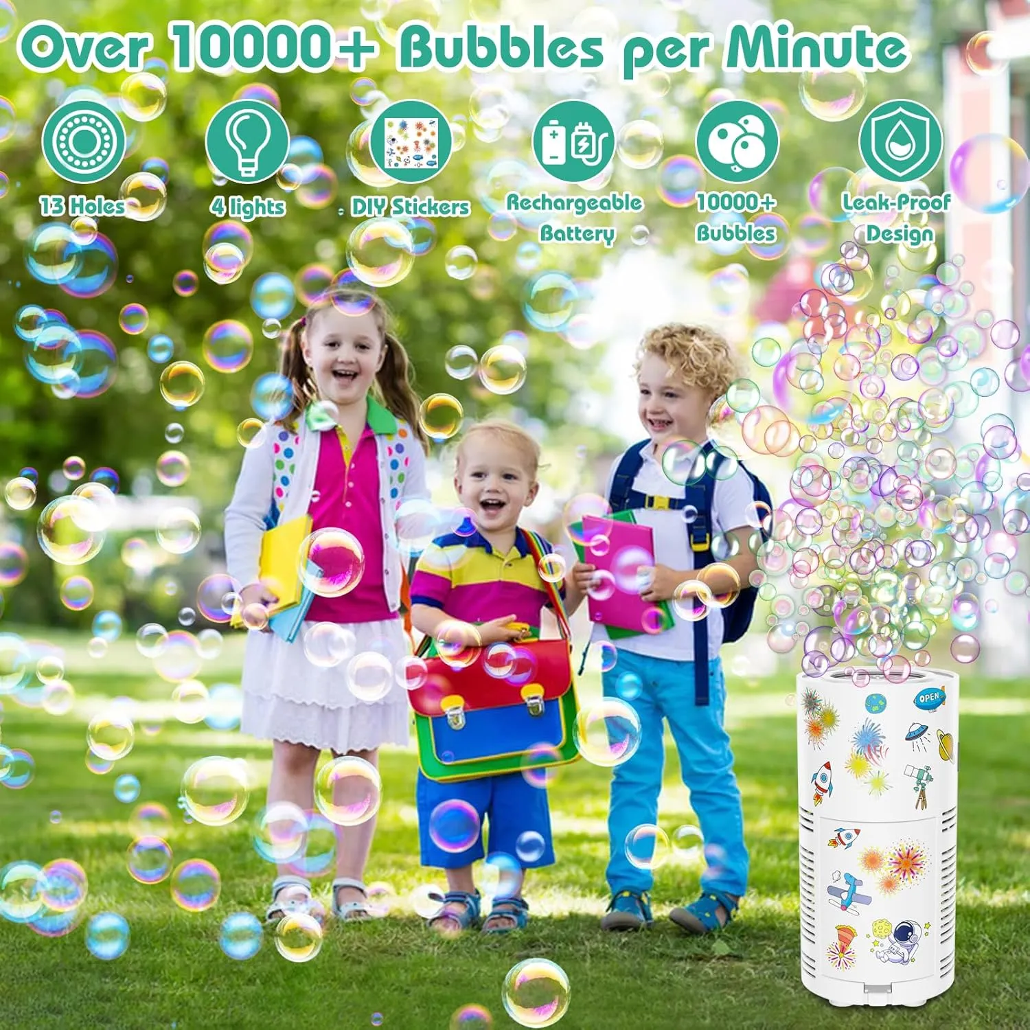 10000  Bubble detection prairies per Min/Lights/DIY Stickers/Rechargeable battery/80ml Solution Automatic Bubble Toy for Kids Summer Outdoor Party Wedding PANACARE Bubble Machine for Kids Fireworks Bubble Blower 