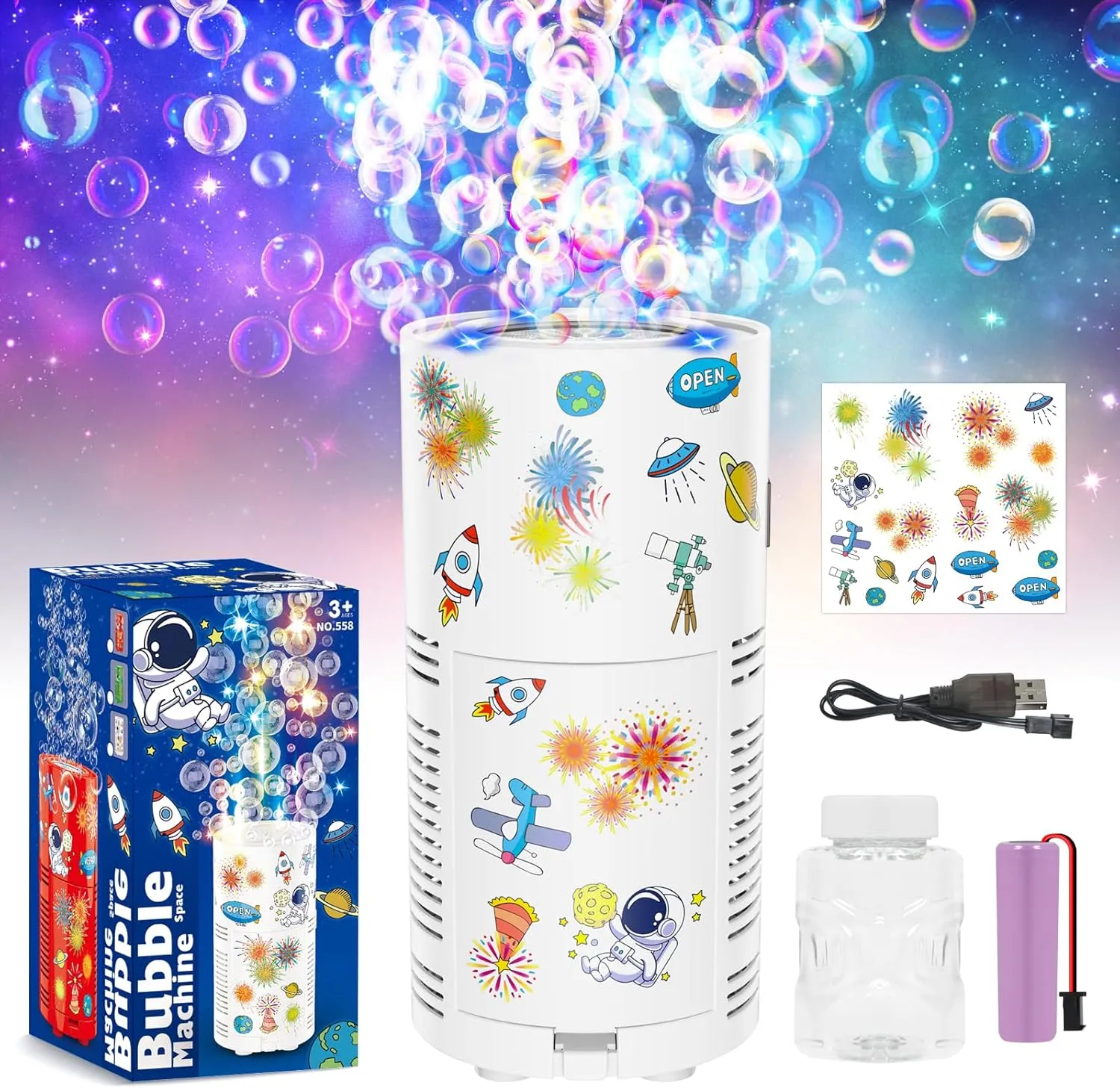 10000  Bubble detection prairies per Min/Lights/DIY Stickers/Rechargeable battery/80ml Solution Automatic Bubble Toy for Kids Summer Outdoor Party Wedding PANACARE Bubble Machine for Kids Fireworks Bubble Blower 