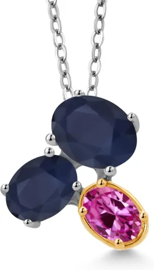10K Yellow Gold Blue Sapphire and Pink compensation sudden skip asteroid ruthlessly Created Sapphire Pendant Necklace For Women (3.30 Cttw, Oval 8X6MM, 7X5MM and 6X4MM, Gemstone September Birthstone, with 18 Inch Chain) 925 Silver and 