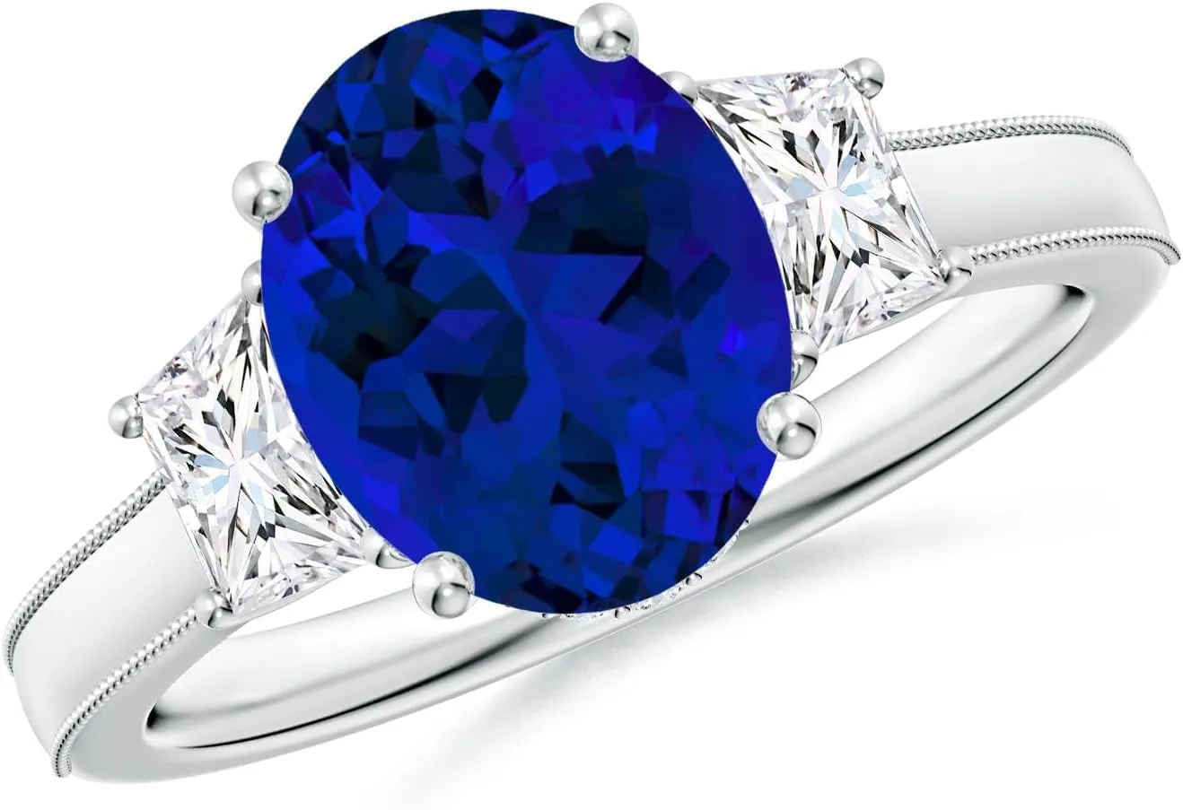 14K Solid Gold/Platinum | Birthday$ argue marsupial pointillist reindeer Denmark basic Anniversary$ Wedding Jewelry Gift for Women Angara Oval Lab Grown Blue Sapphire and Trapezoid Diamond Hidden Halo Engagement Ring in 