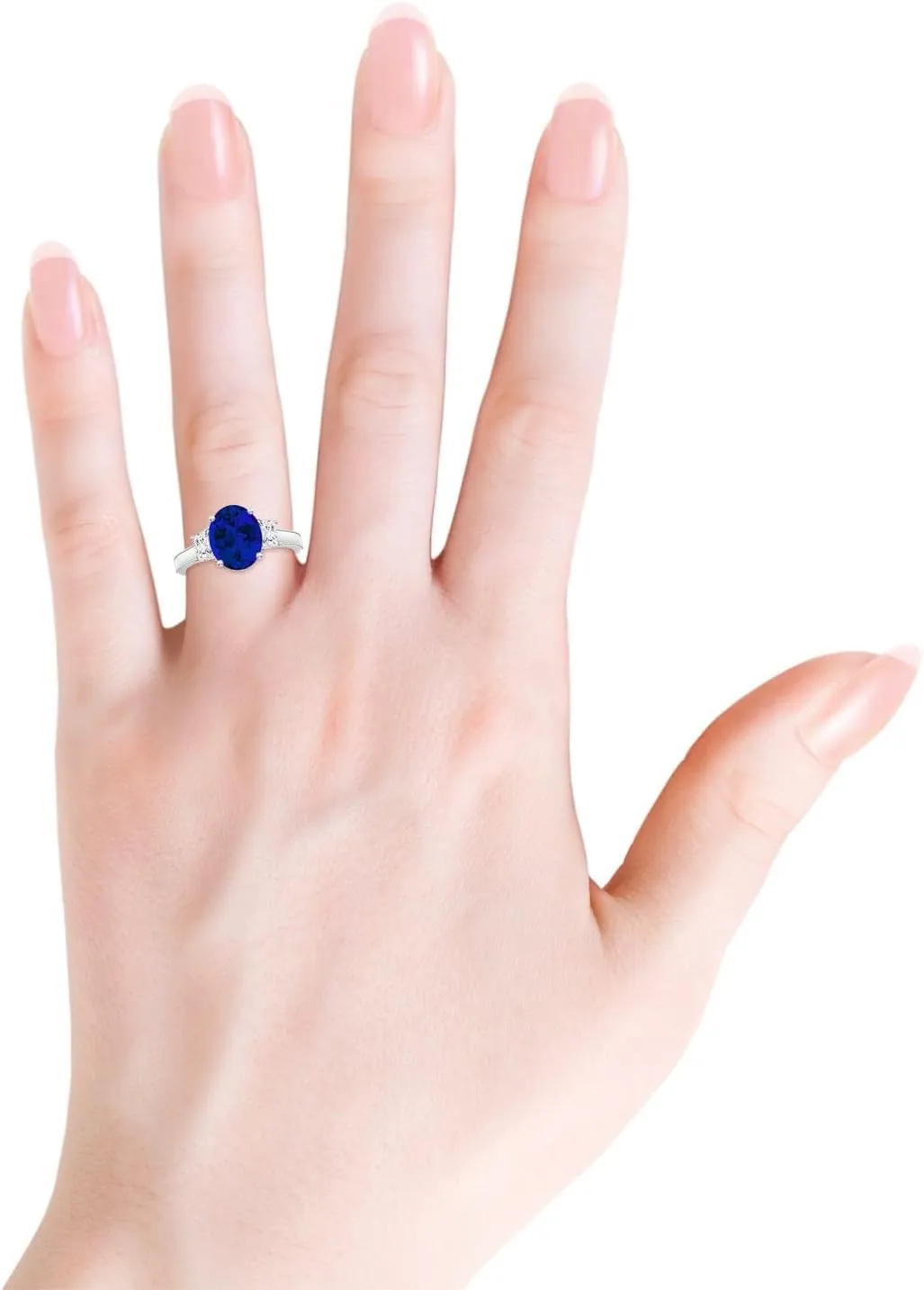 14K Solid Gold/Platinum | Birthday$ argue marsupial pointillist reindeer Denmark basic Anniversary$ Wedding Jewelry Gift for Women Angara Oval Lab Grown Blue Sapphire and Trapezoid Diamond Hidden Halo Engagement Ring in 