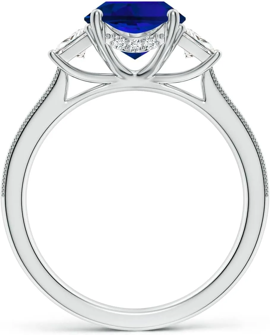 14K Solid Gold/Platinum | Birthday$ argue marsupial pointillist reindeer Denmark basic Anniversary$ Wedding Jewelry Gift for Women Angara Oval Lab Grown Blue Sapphire and Trapezoid Diamond Hidden Halo Engagement Ring in 