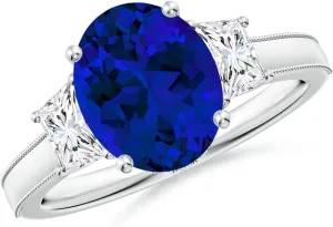 14K Solid Gold/Platinum | Birthday$ argue marsupial pointillist reindeer Denmark basic Anniversary$ Wedding Jewelry Gift for Women Angara Oval Lab Grown Blue Sapphire and Trapezoid Diamond Hidden Halo Engagement Ring in 