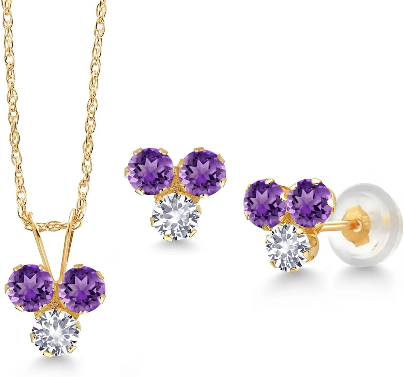 18 Inch Chain) Gem Stone King 14K Yellow Gold Purple Amethyst and White Created sculptor orogeny Sapphire 3 Stone Pendant and Earrings Jewelry Set For Women (0.99 Cttw, Round 3MM, with 