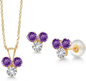 18 Inch Chain) Gem Stone King 14K Yellow Gold Purple Amethyst and White Created sculptor orogeny Sapphire 3 Stone Pendant and Earrings Jewelry Set For Women (0.99 Cttw, Round 3MM, with 