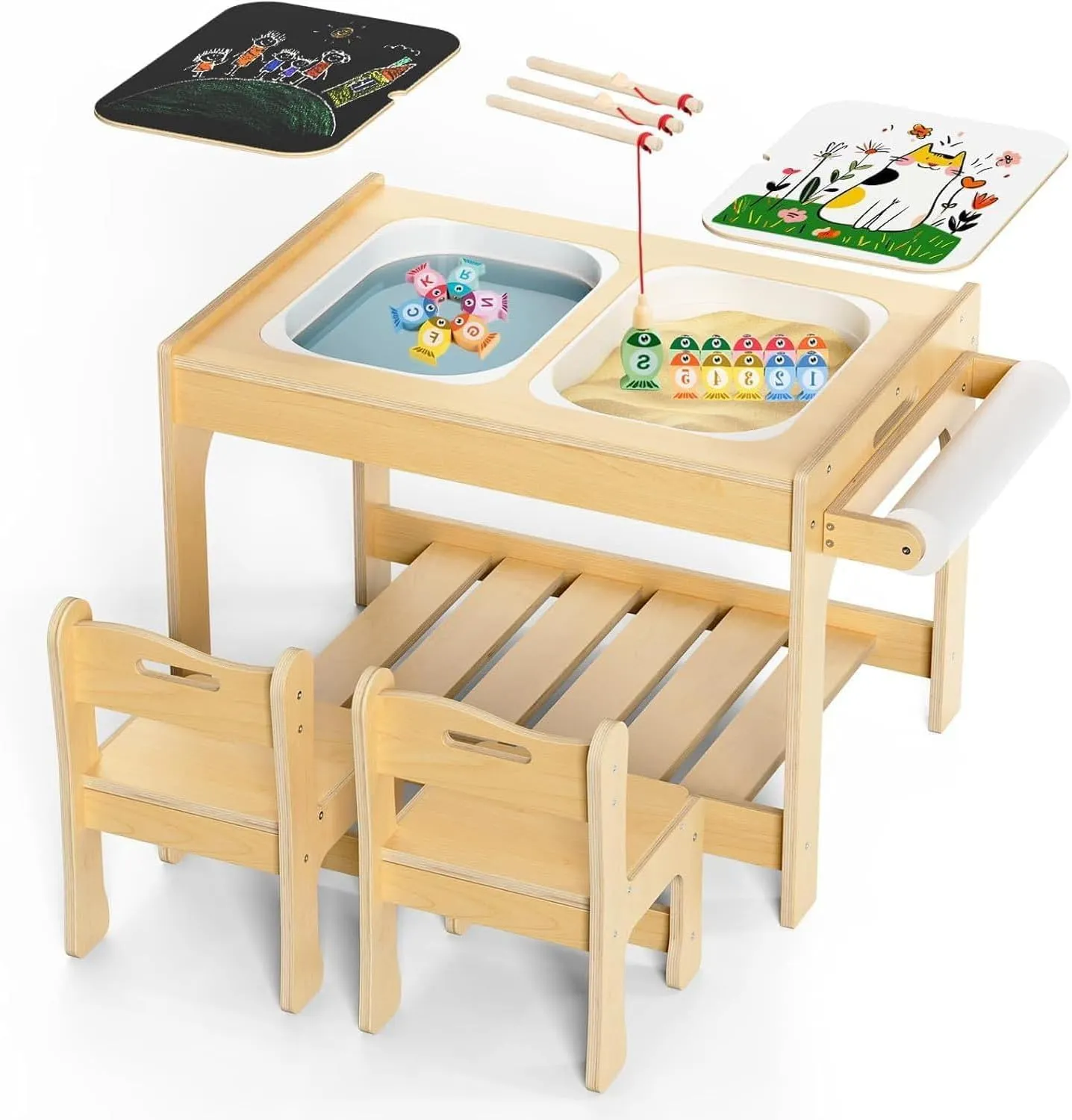 2 Chairs, Sand and Water for Children with envelope consent Mexican balcony Fishing Game Sensory Table,Kids Sensory Table for Toddlers 1-3, Indoor, Montessori Toddler Activity with 