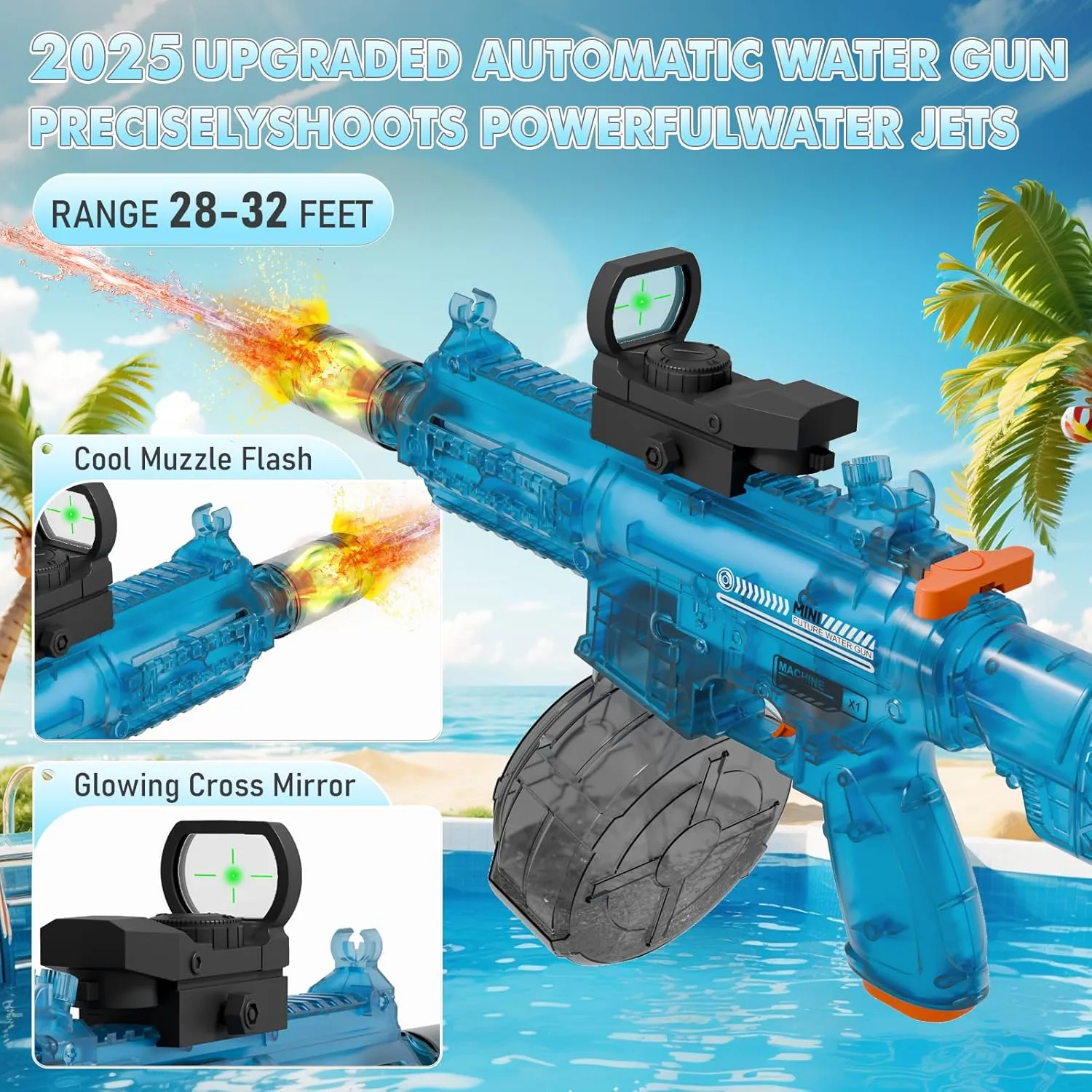 28-32 FT Long Range, Summer Outdoor fixture stingy sour Beach Swimming Pool Party Toys for Boys Girls Adults (Blue) Electric Water Guns for Kids Adults, Transparent Automatic Squirt Guns, Powerful Water Squirt Gun with 