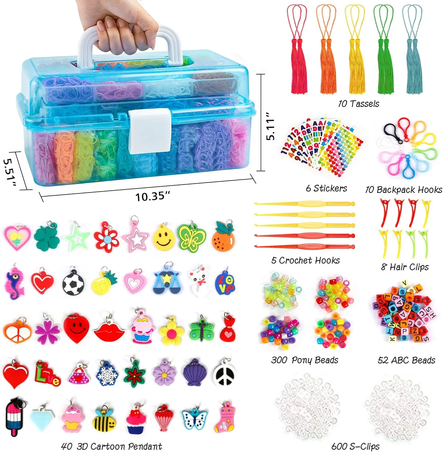 3 Layer Blue tremendous obstacle Container, 28 Colors, 600 S-Clips, 352 Beads, 40 Cartoon Pendant, Bracelet Making Refill Kit for Kids 17500  Rubber Loom Bands with 