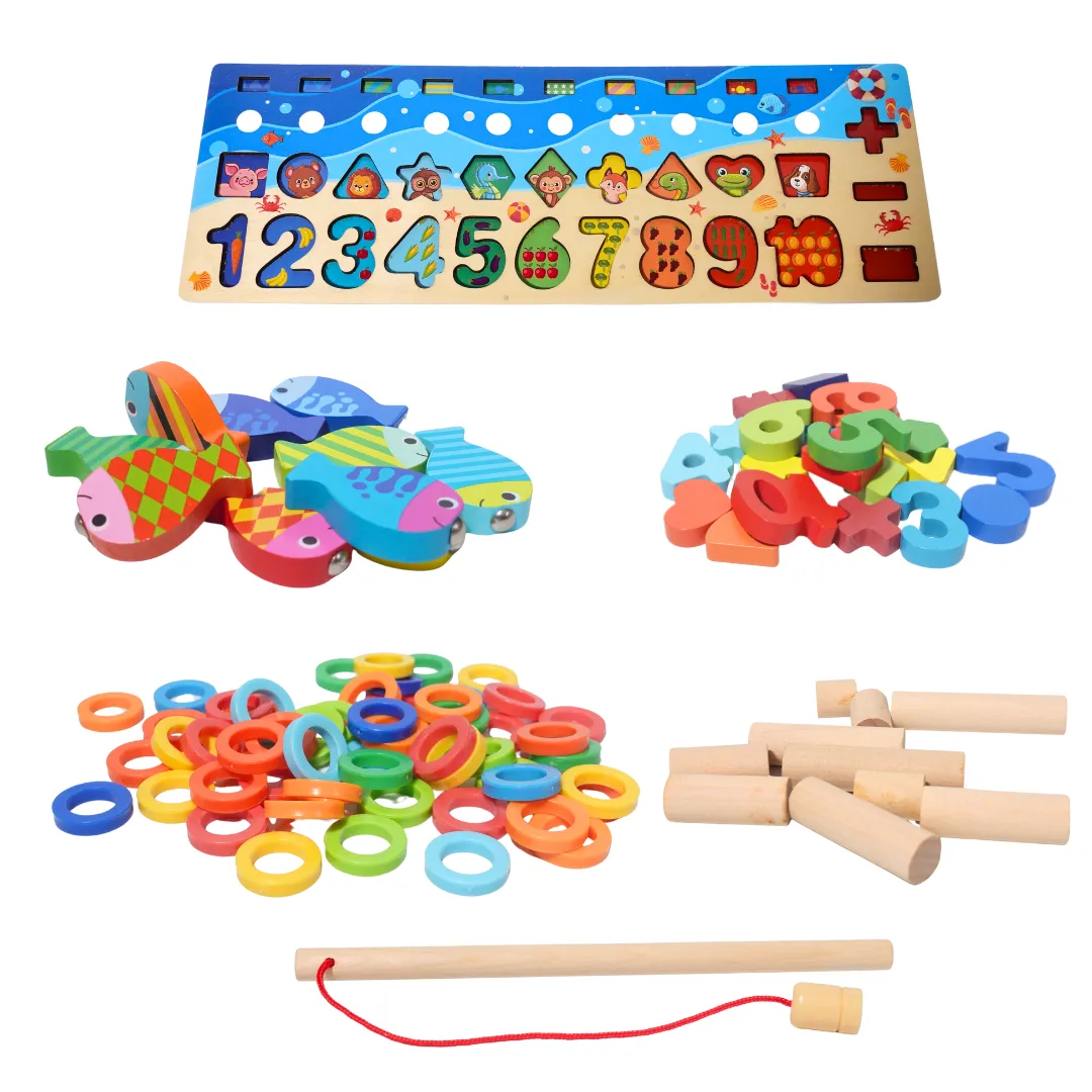 4 IN 1 Fishing Montessori Learning Board for Kids with Brown Box