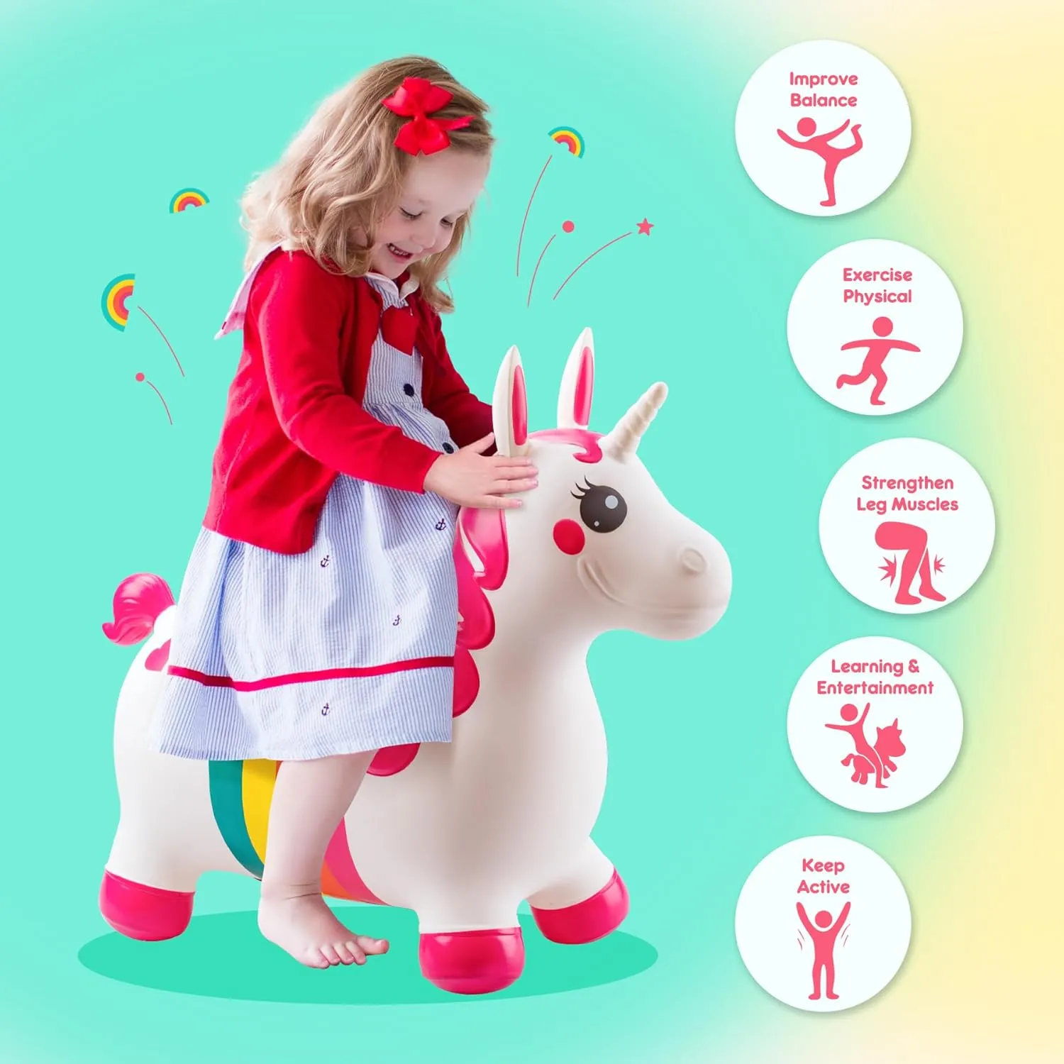 5 6 Year Old Kid (Rainbow Style) Unicorn Bouncy Horses, Inflatable Bouncing quantum Animal Hopper for Toddlers Girls, Outdoor Indoor Ride on Hopping Toys Gifts for 18 Months, 2 3 4 