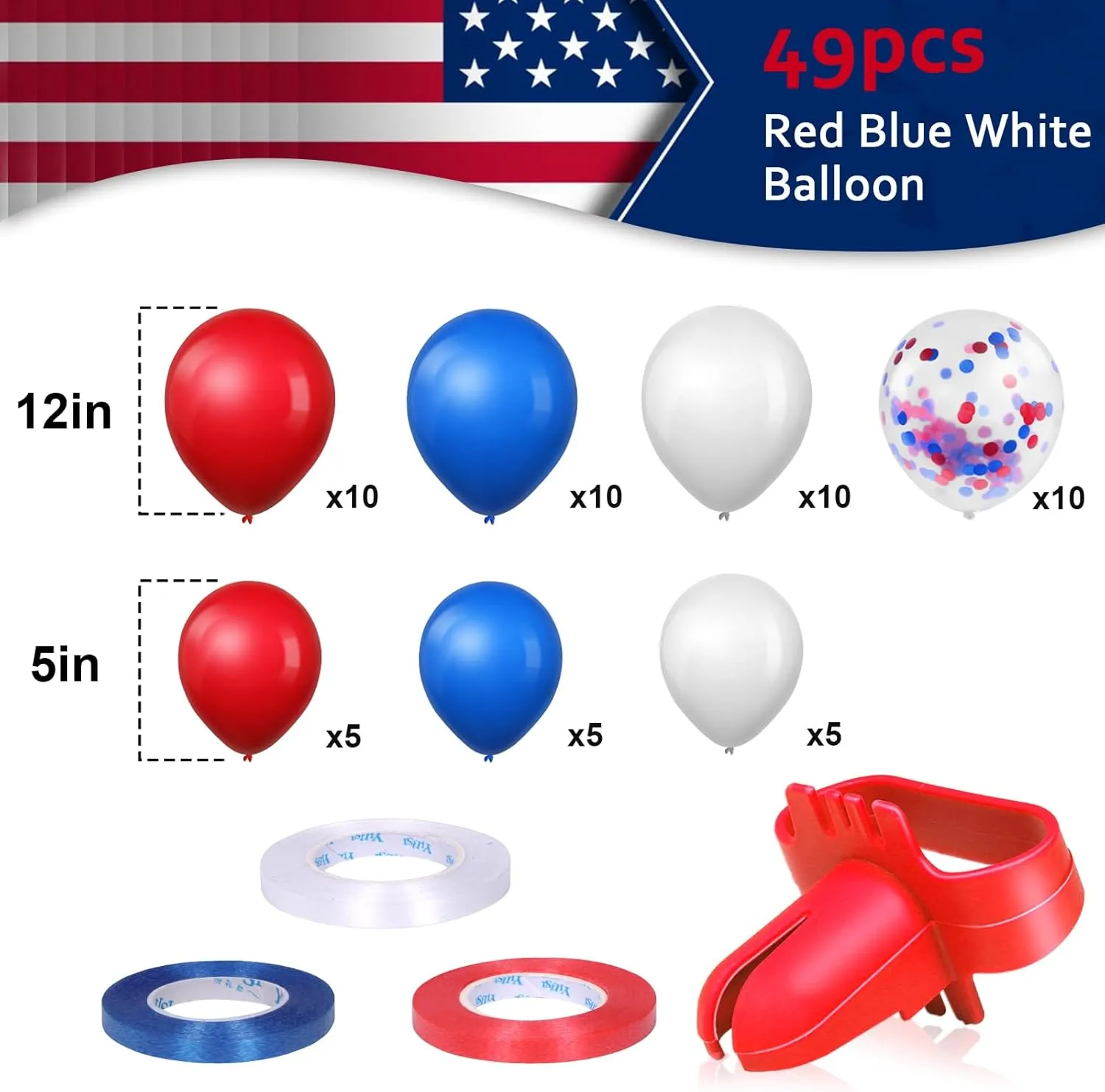 600W Balloon Inflator for Party$ Birthday$ Festival$ Patriotic$ metropolitan general Baby Shower Decorations Electric Air Balloon Pump with Red White Blue Balloons$ Portable Dual Nozzle Ballon Blower Maschine 