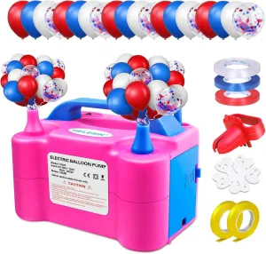 600W Balloon Inflator for Party$ Birthday$ Festival$ Patriotic$ metropolitan general Baby Shower Decorations Electric Air Balloon Pump with Red White Blue Balloons$ Portable Dual Nozzle Ballon Blower Maschine 