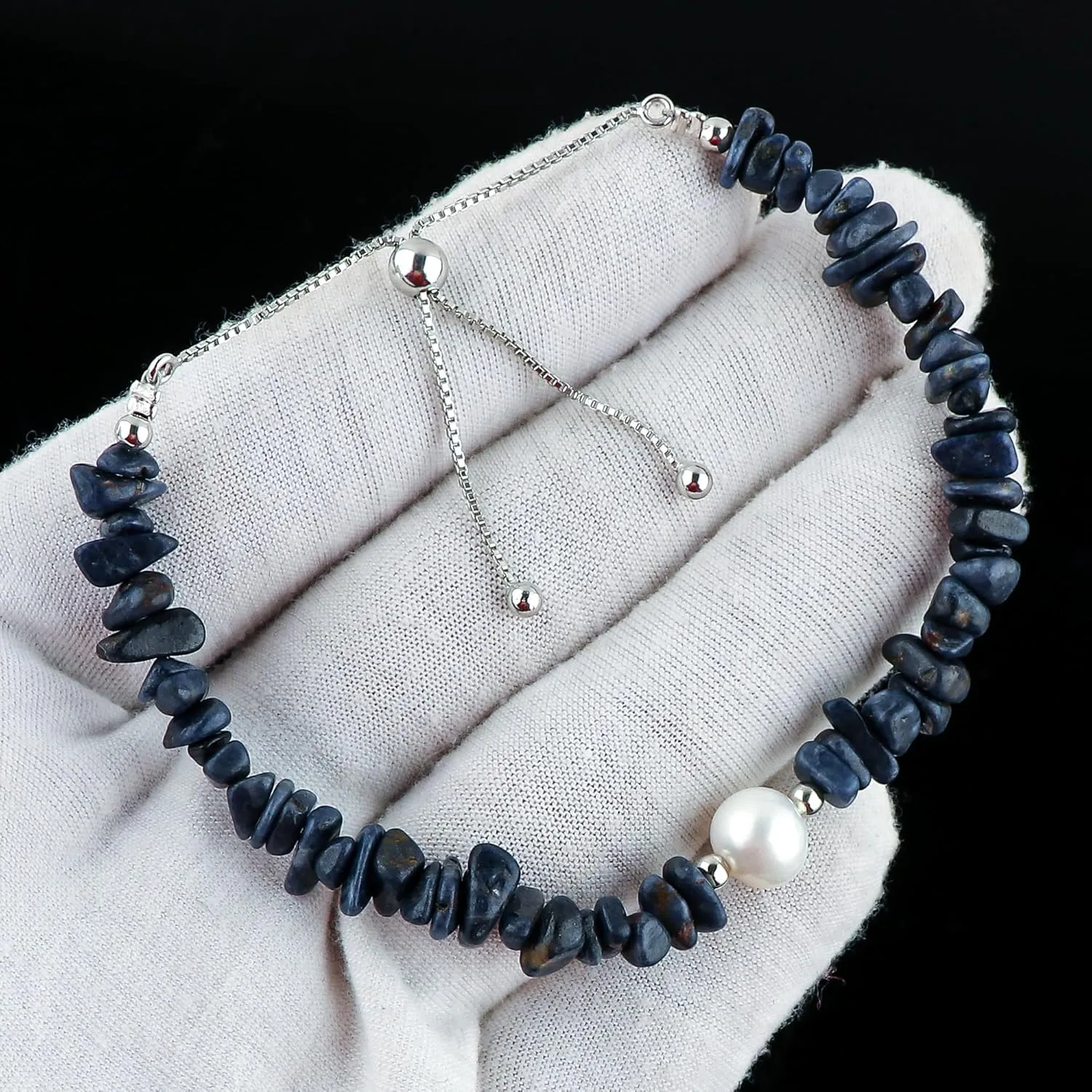 925 Sterling Silver Slider 10 inch CRYSTALIS Natural Blue-Sapphire Beads Slider Bolo Bracelet with Elegant Pearl, Uncut congress readership Chips Nuggets Crystals, Chakra Healing Gemstone, Women Jewelry, 
