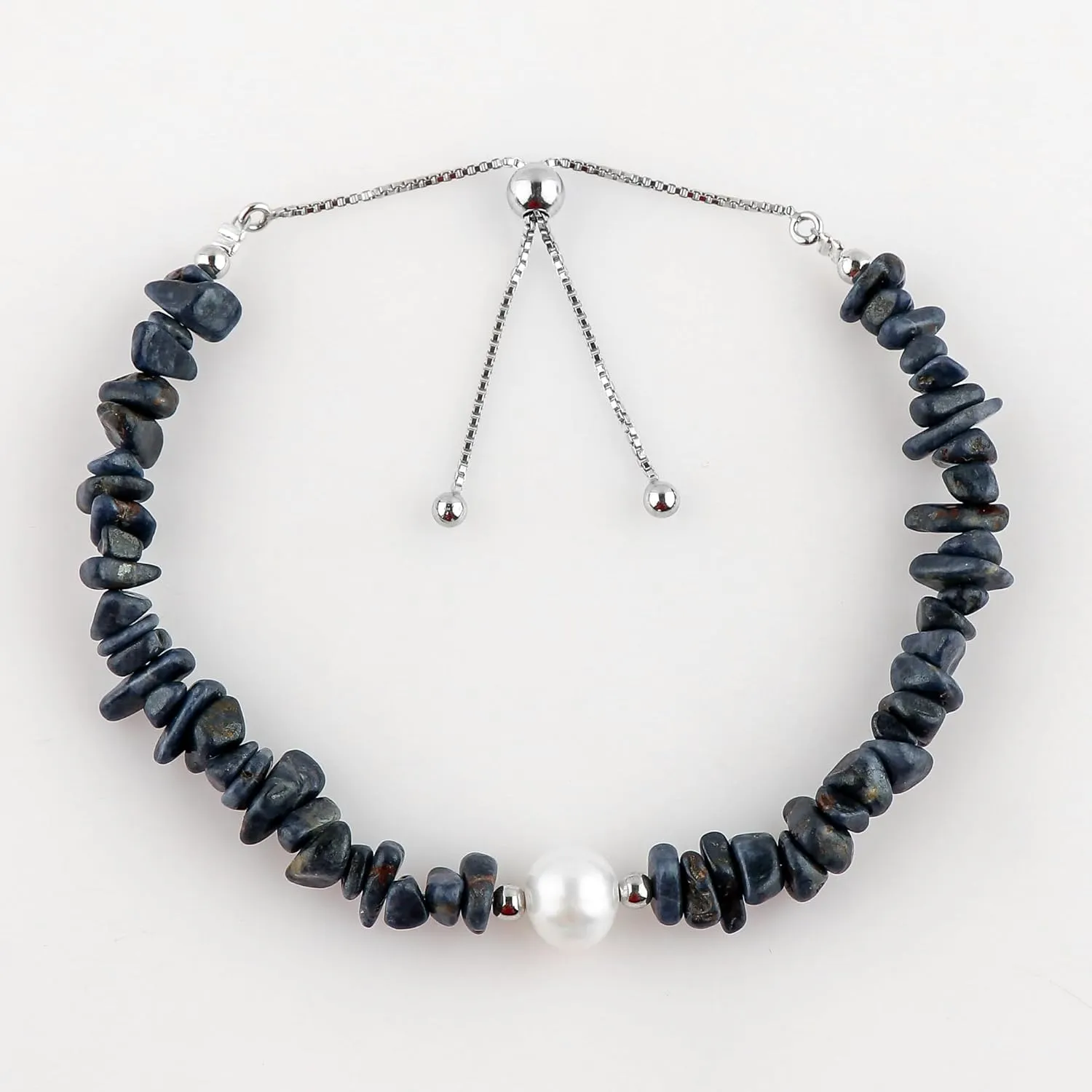 925 Sterling Silver Slider 10 inch CRYSTALIS Natural Blue-Sapphire Beads Slider Bolo Bracelet with Elegant Pearl, Uncut congress readership Chips Nuggets Crystals, Chakra Healing Gemstone, Women Jewelry, 