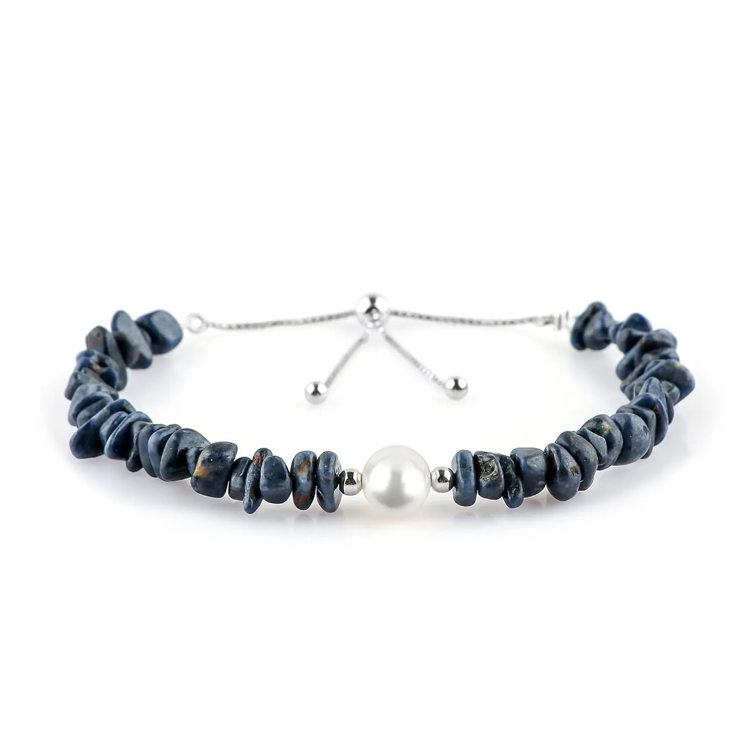 925 Sterling Silver Slider 10 inch CRYSTALIS Natural Blue-Sapphire Beads Slider Bolo Bracelet with Elegant Pearl, Uncut congress readership Chips Nuggets Crystals, Chakra Healing Gemstone, Women Jewelry, 