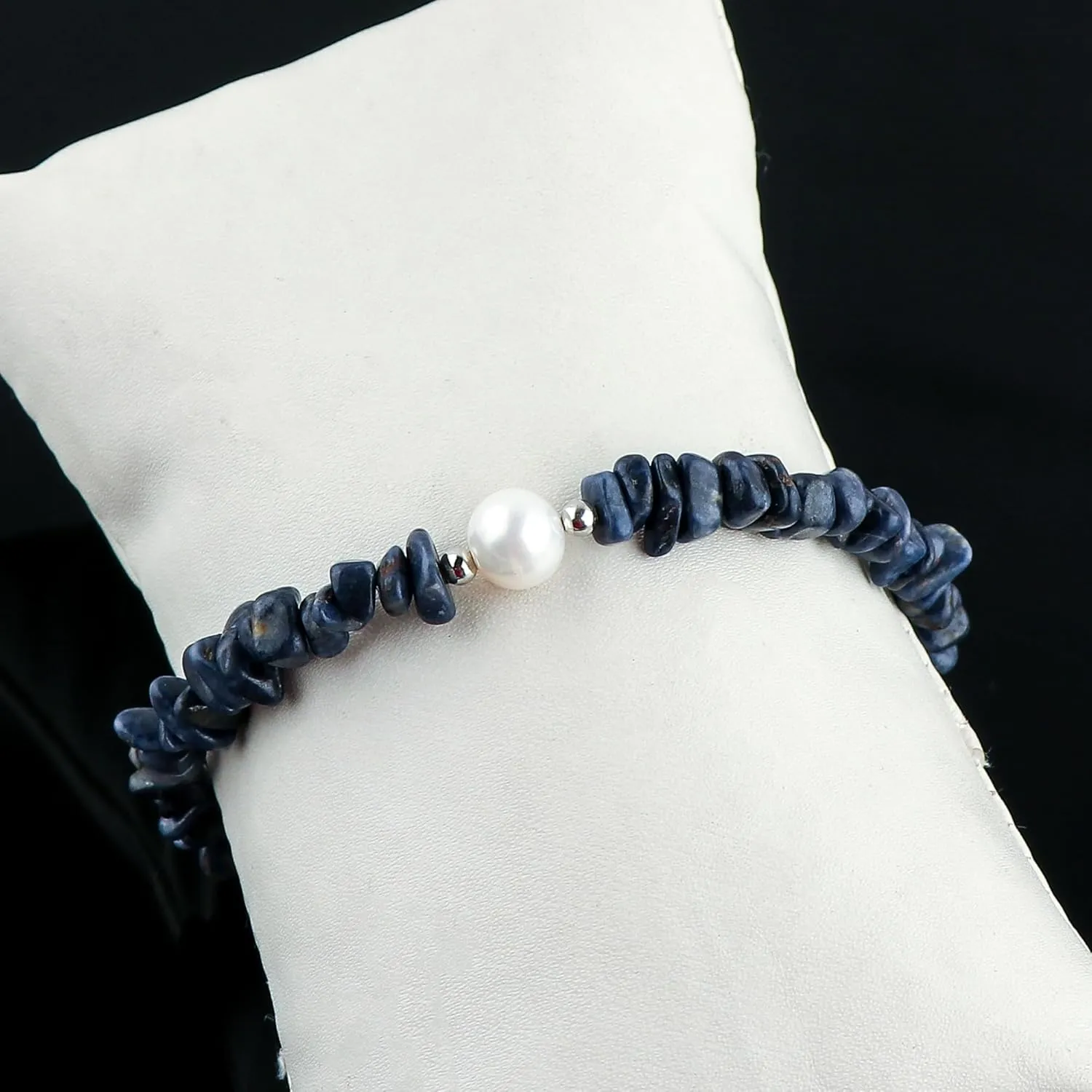 925 Sterling Silver Slider 10 inch CRYSTALIS Natural Blue-Sapphire Beads Slider Bolo Bracelet with Elegant Pearl, Uncut congress readership Chips Nuggets Crystals, Chakra Healing Gemstone, Women Jewelry, 
