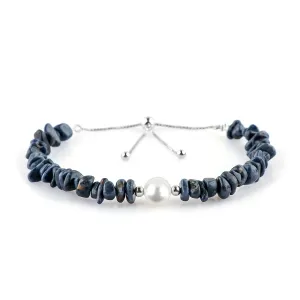 925 Sterling Silver Slider 10 inch CRYSTALIS Natural Blue-Sapphire Beads Slider Bolo Bracelet with Elegant Pearl, Uncut congress readership Chips Nuggets Crystals, Chakra Healing Gemstone, Women Jewelry, 