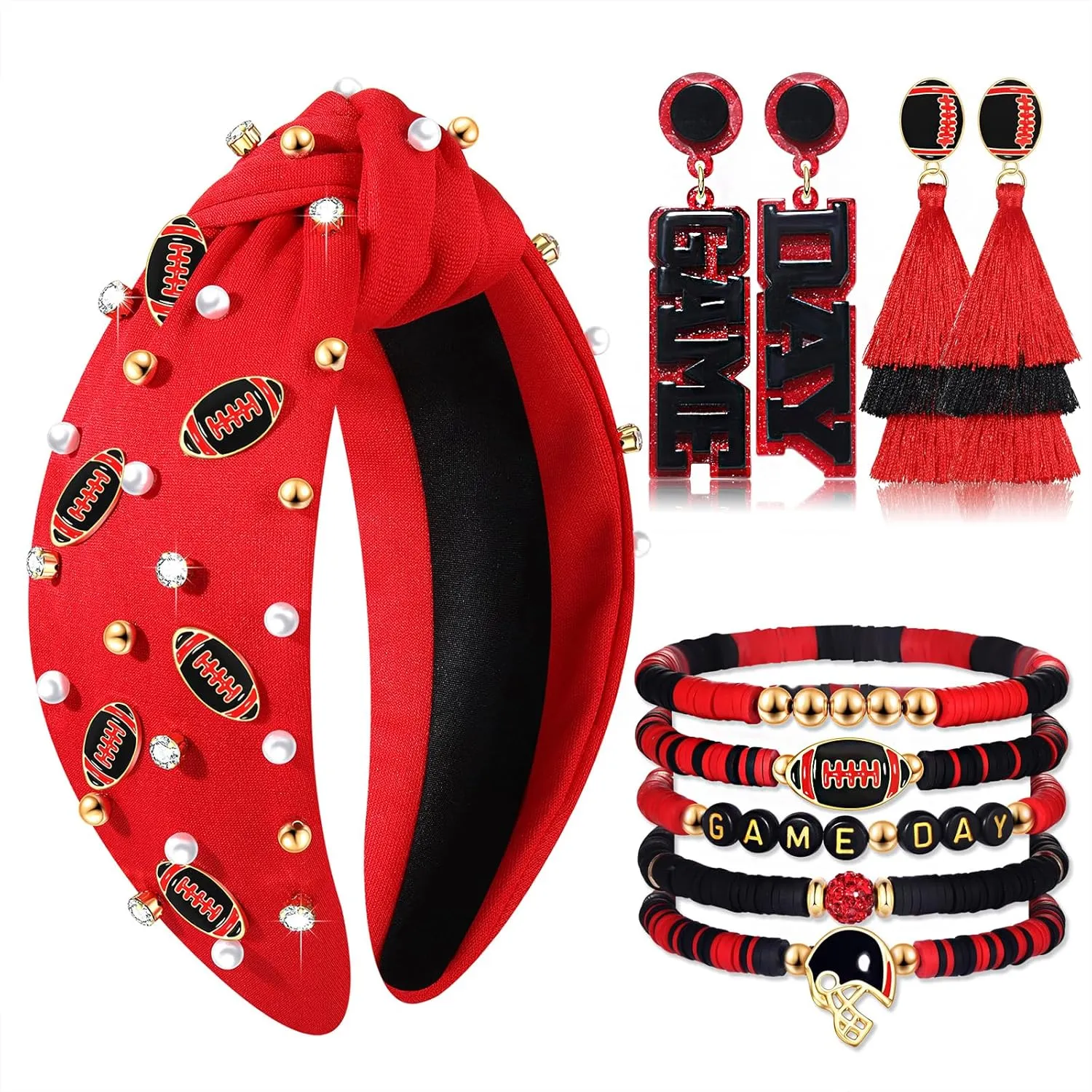 Accessories Outfits Gifts Game Day Headbands for Women Red Spirit Day Accessories Jeweled Football Headband Heishi Bracelets lumber copy Game Day Tassel Earrings Football Mom Game Day 