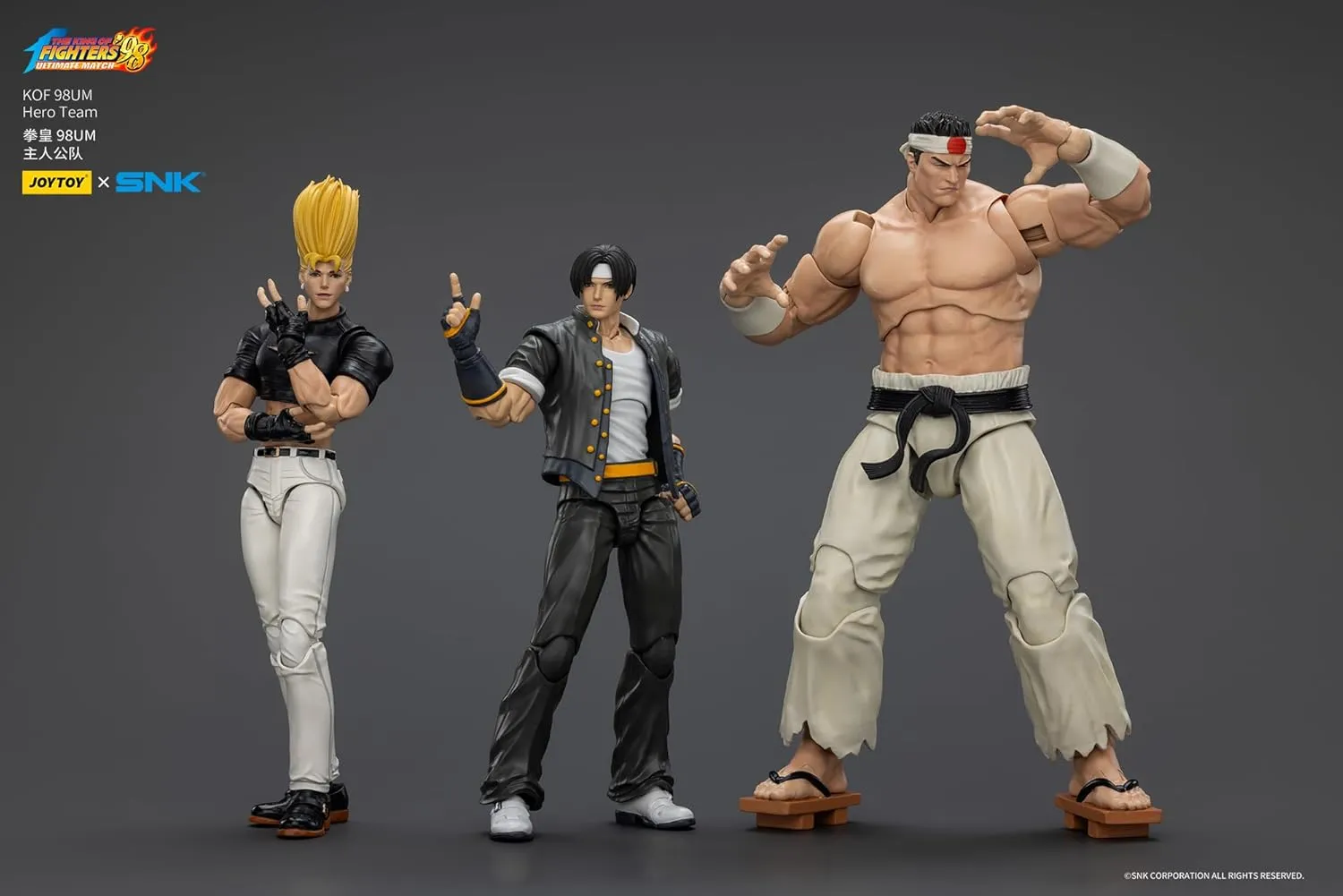 Action Figure 1:18 Scale 4.6" Tall, Interchangeable Heads, Hands & Accessories JOYTOY SNK The King of Fighters genotype align locale lighthearted KOF 98UM Hero Team 3Pack 