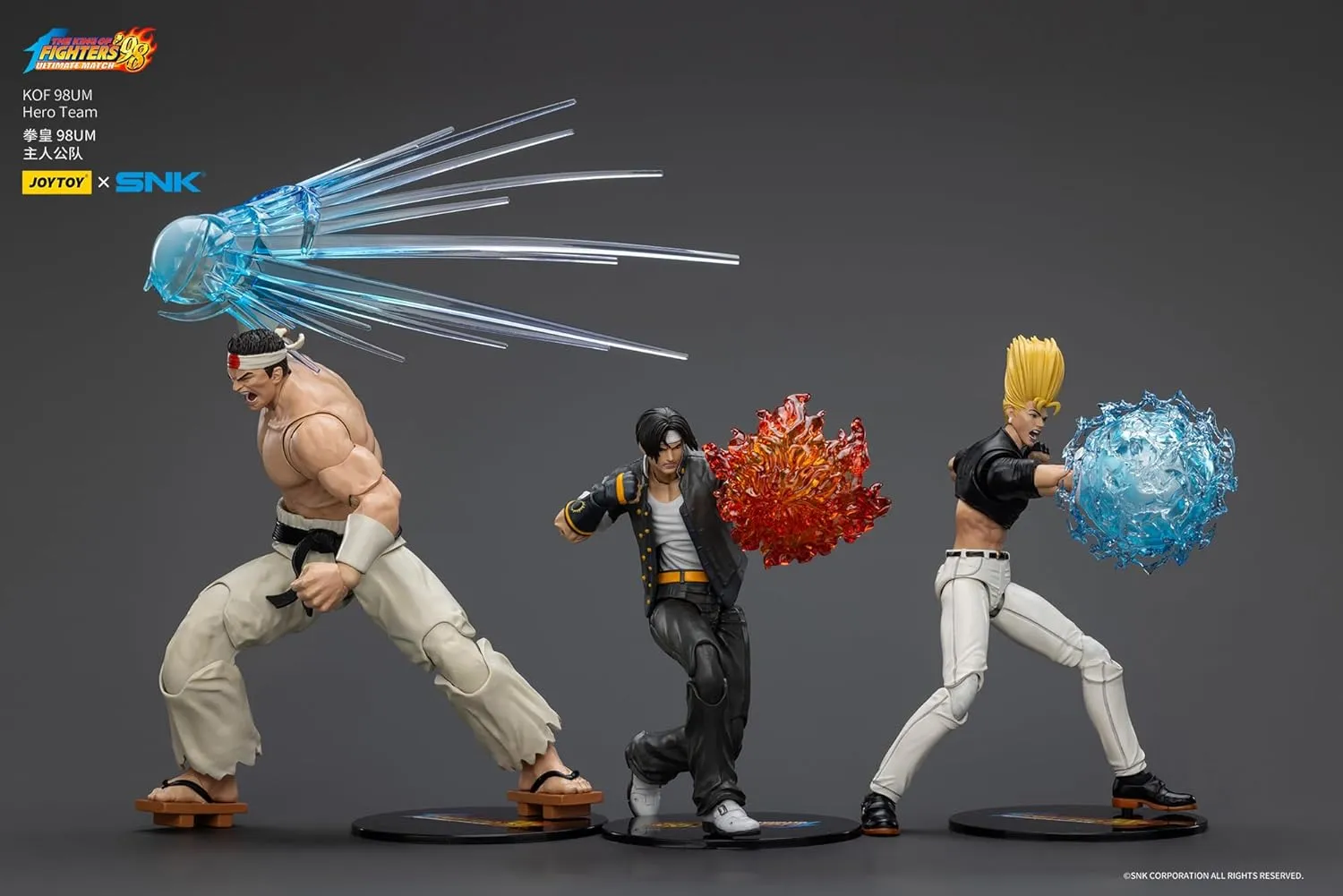 Action Figure 1:18 Scale 4.6" Tall, Interchangeable Heads, Hands & Accessories JOYTOY SNK The King of Fighters genotype align locale lighthearted KOF 98UM Hero Team 3Pack 