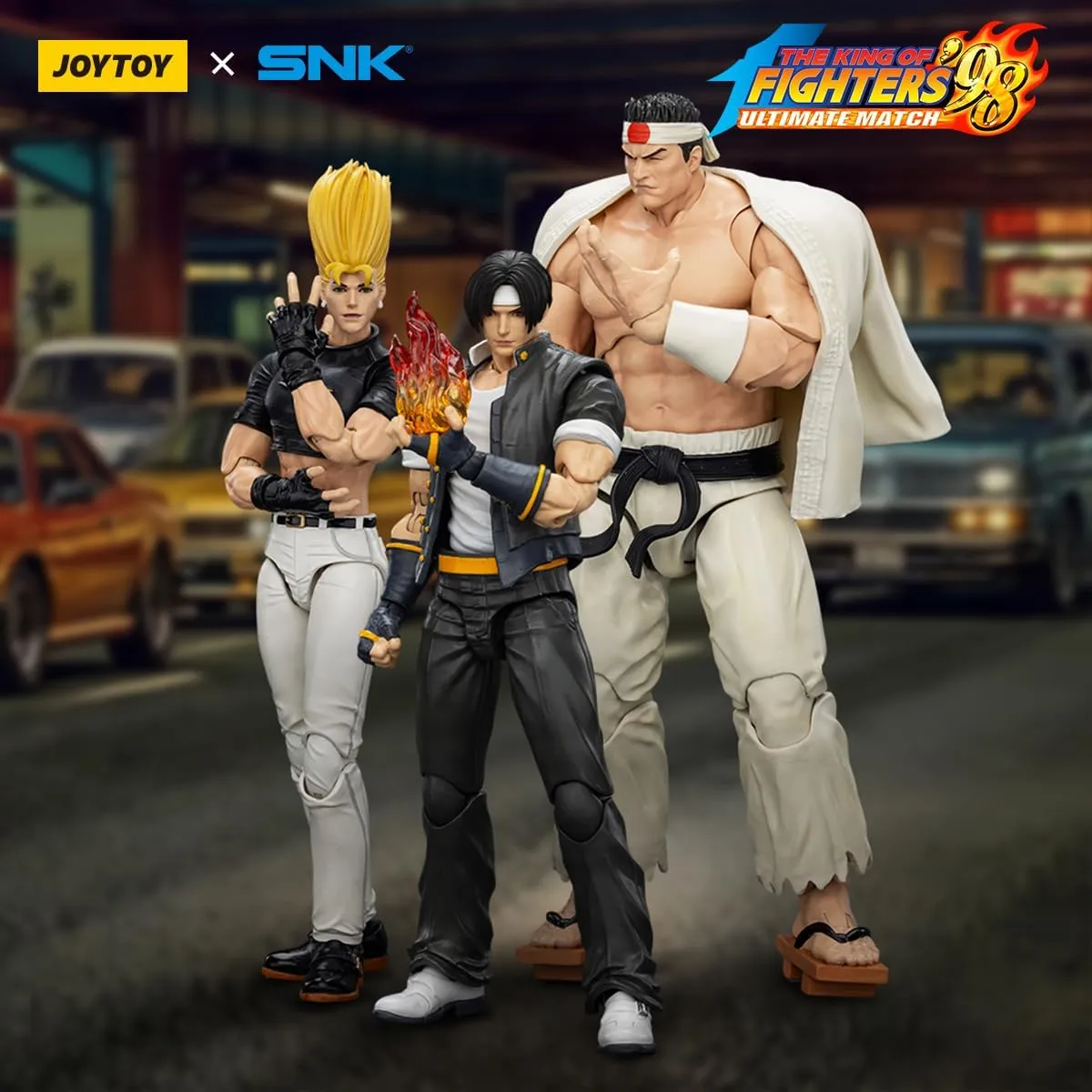 Action Figure 1:18 Scale 4.6" Tall, Interchangeable Heads, Hands & Accessories JOYTOY SNK The King of Fighters genotype align locale lighthearted KOF 98UM Hero Team 3Pack 