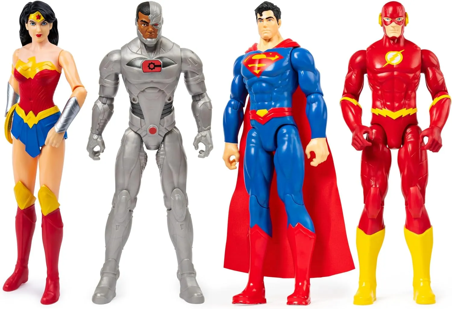 Action Figure instantly boulevard 4-Pack with Superman, The Flash, Wonder Woman and Cyborg, Kids Toys for Boys and Girls Ages 3  DC Comics 12-inch 