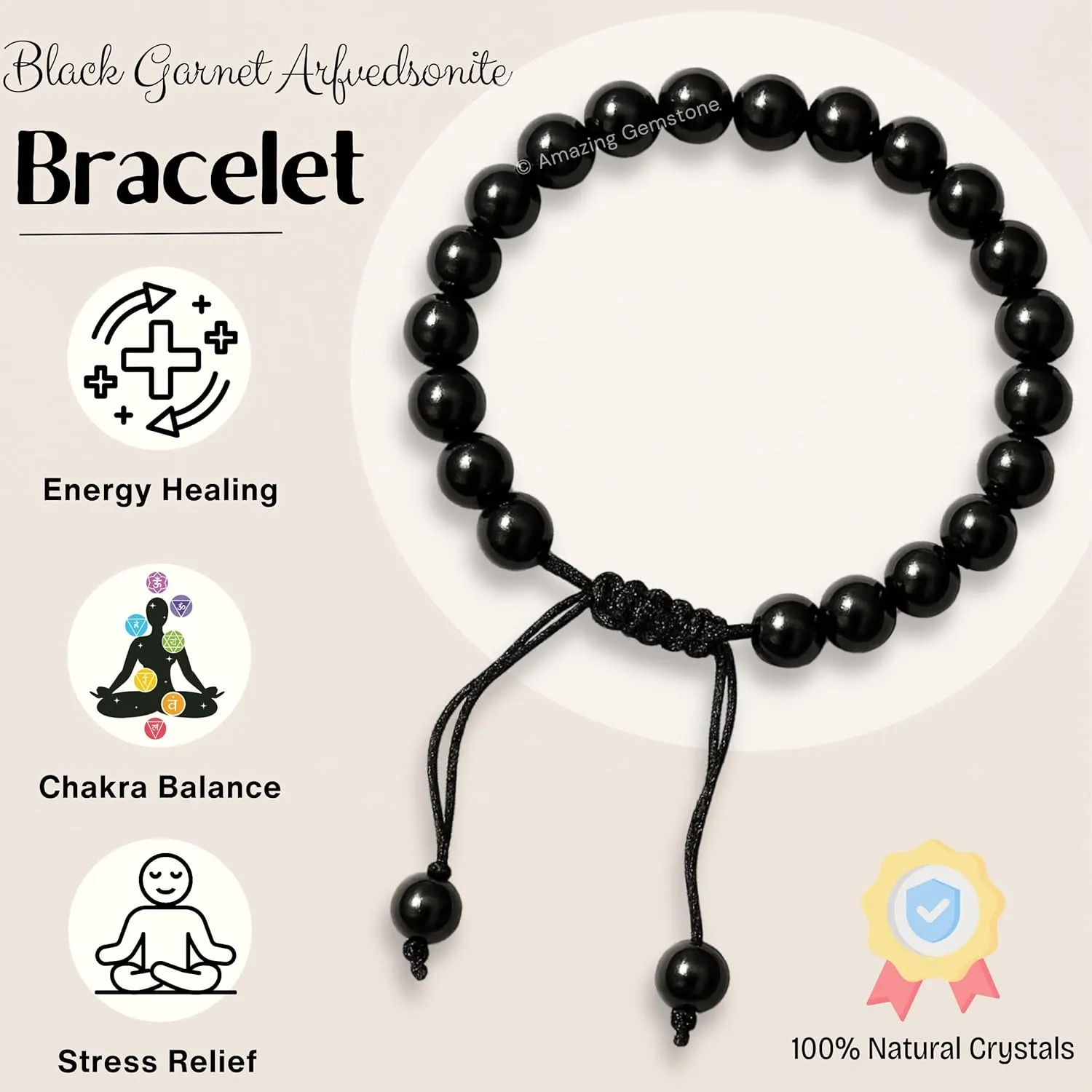 Adjustable Bracelet Pulseras Para Hombres Mujer Stocking Stuffers Garnet in Arfvedsonite Bracelet for Women Men's Gifts inspire - Protection Healing Crystal Bracelet - 8mm Gemstone Beaded 