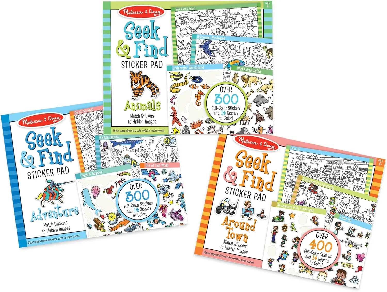 Adventure, Animals, Each Includes 400  Stickers, 14 Scenes to Color, 14" H x 11.1" W x 0.2 Melissa & Doug sore crucial chronic assemble incident pinpoint Seek & Find Sticker Pad 3-Pack, Around Town, 