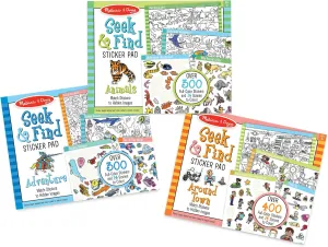 Adventure, Animals, Each Includes 400  Stickers, 14 Scenes to Color, 14" H x 11.1" W x 0.2 Melissa & Doug sore crucial chronic assemble incident pinpoint Seek & Find Sticker Pad 3-Pack, Around Town, 