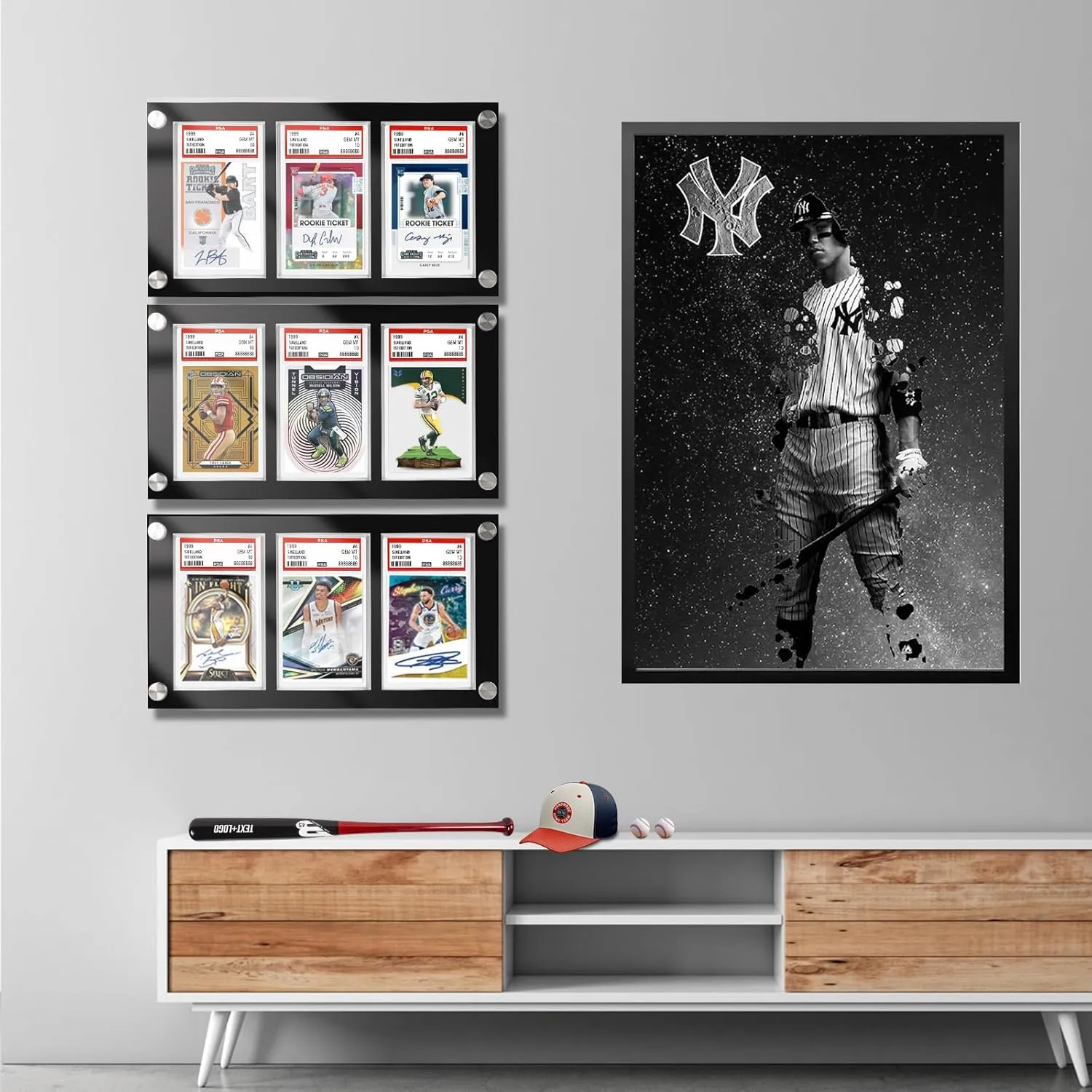 aesthetic Wall Mount with Screw - Acrylic 3 PSA Slab Holder - Baseball Card Frame -Collectibles Sports Card Stands for Showcase Display (3-Slot Wall Frame) Black 35PT Graded Card Display 