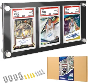 aesthetic Wall Mount with Screw - Acrylic 3 PSA Slab Holder - Baseball Card Frame -Collectibles Sports Card Stands for Showcase Display (3-Slot Wall Frame) Black 35PT Graded Card Display 