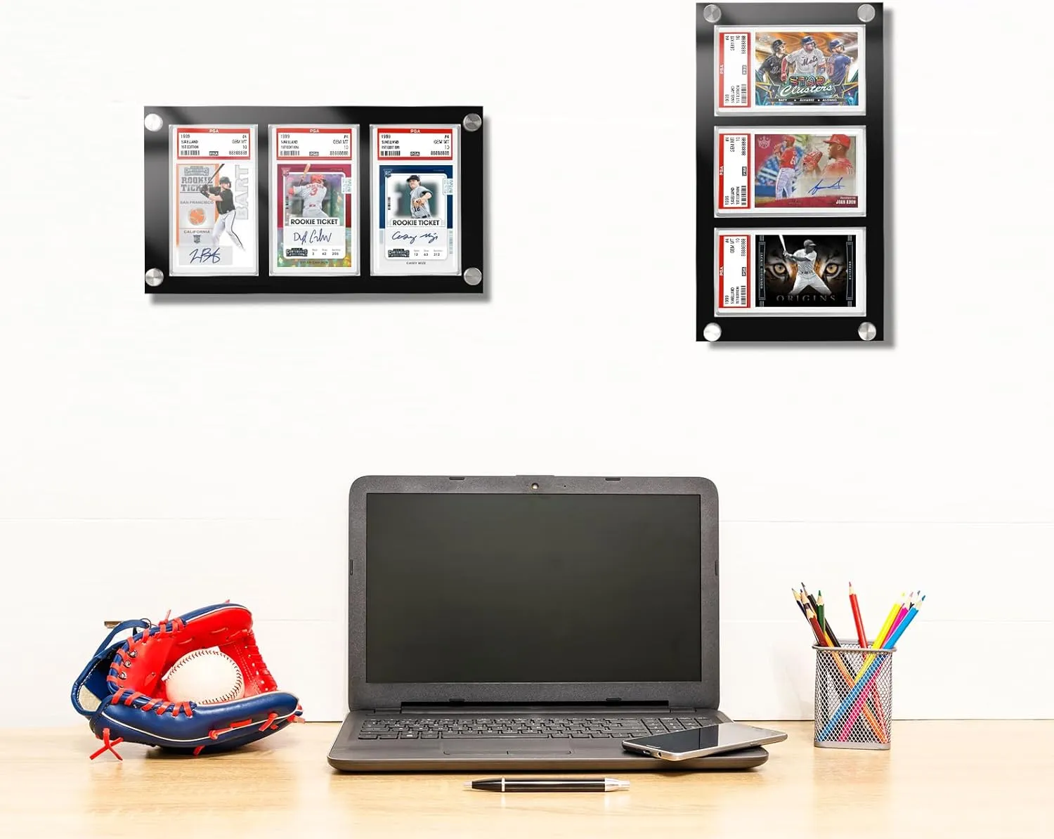 aesthetic Wall Mount with Screw - Acrylic 3 PSA Slab Holder - Baseball Card Frame -Collectibles Sports Card Stands for Showcase Display (3-Slot Wall Frame) Black 35PT Graded Card Display 
