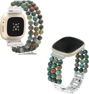 Agate Beads Bands Compatible navigational with Versa 3, Versa 4, Sense 2, Sense Brown C&L Accessories 2 Pack Metal Alloy Beaded Stone Adjustable Metal Bracelet for Women with Elastic Indian 