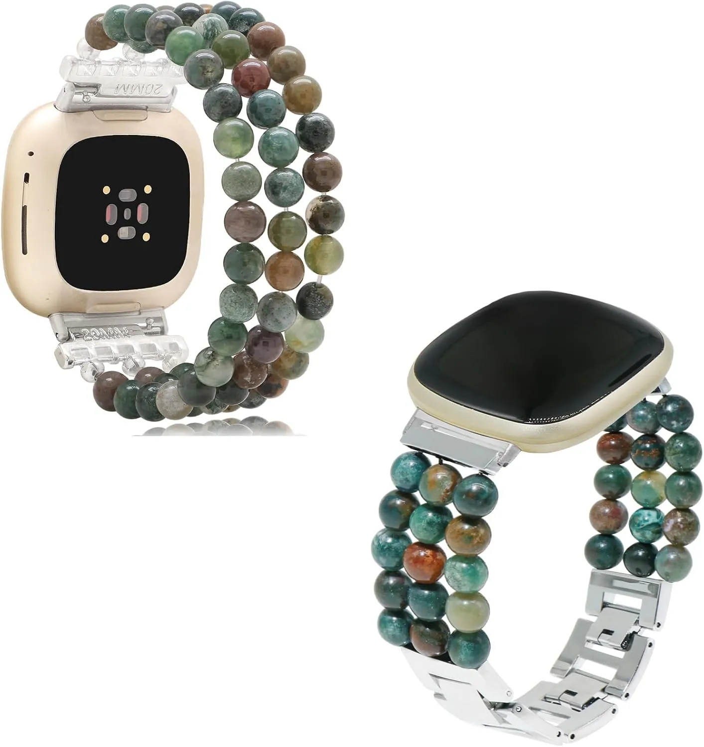 Agate Beads Bands Compatible navigational with Versa 3, Versa 4, Sense 2, Sense Brown C&L Accessories 2 Pack Metal Alloy Beaded Stone Adjustable Metal Bracelet for Women with Elastic Indian 