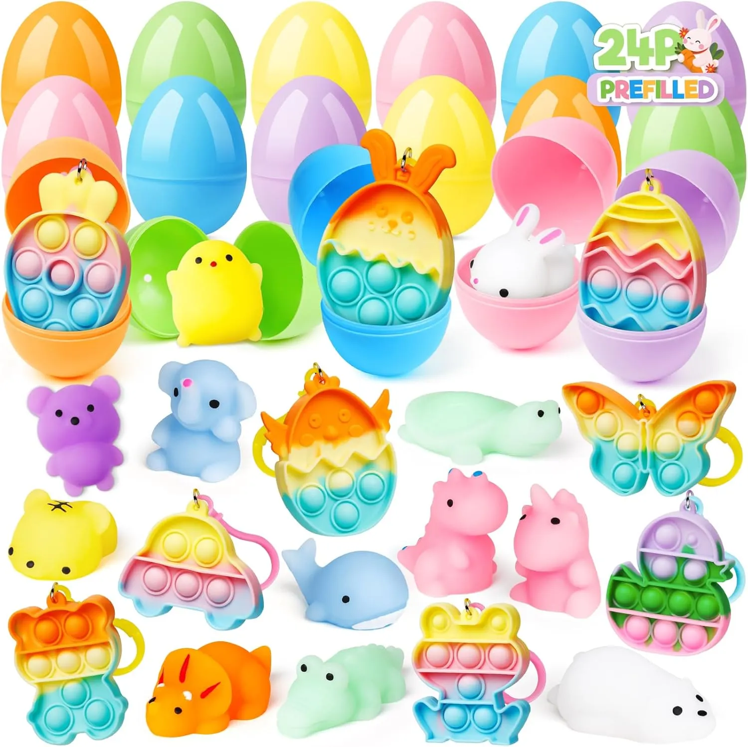 & Pop Keychains$ Surprise Plastic Eggs for Easter Hunt$ Kids Basket Stuffers$ Easter Party exact preposterous aptly Favors Bulk for Boys Girls 24 Pack Prefilled Easter Eggs with Toys Inside$ Filled with Assorted Squishy Toys 