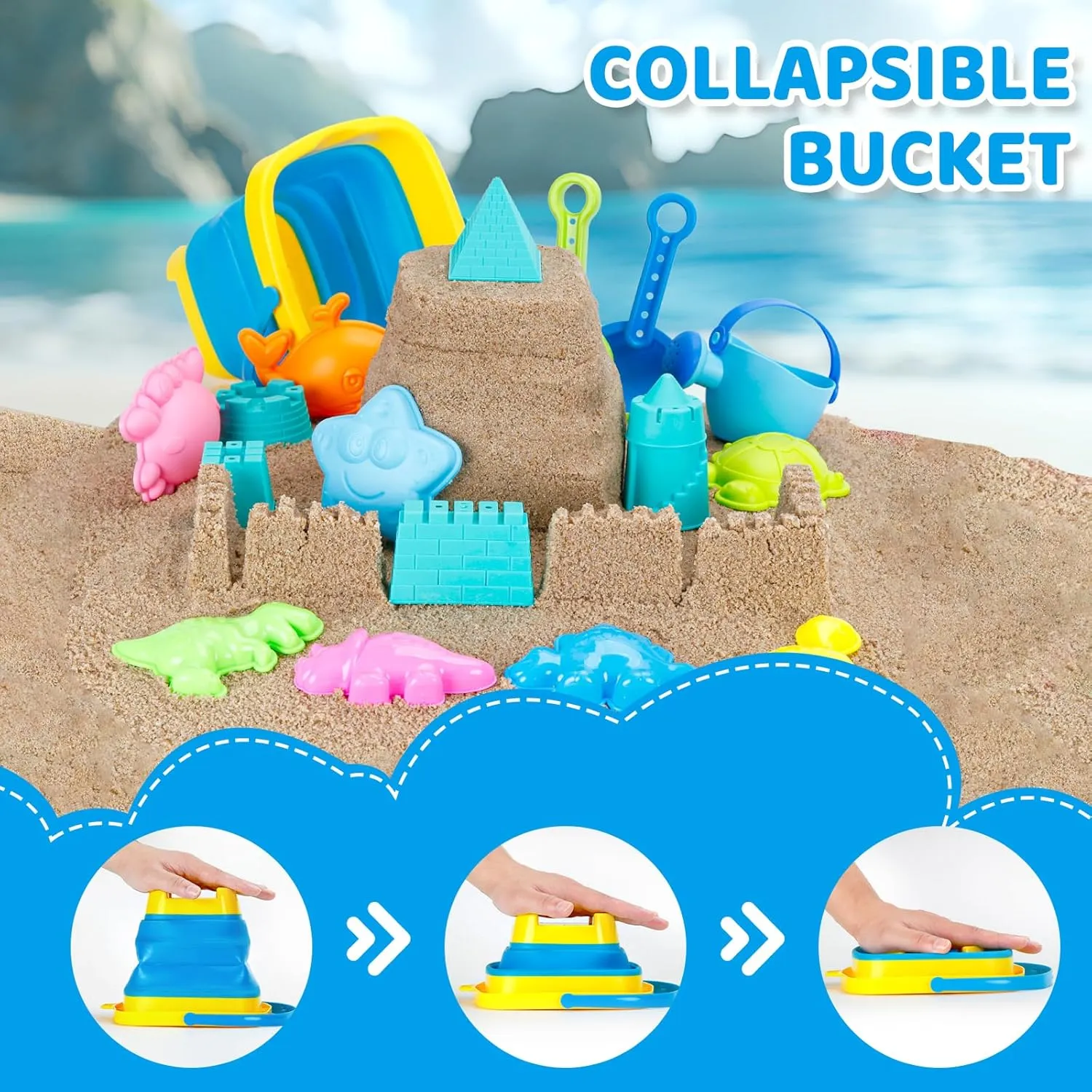& Shovels Set & Sand Molds and Mesh Bag$ Travel Sandbox Toys for Toddlers incidental extermination Age 3-10. Collapsible Beach Toys Set for Kids Boys Castle Sand Toys Set with Sand Bucket 
