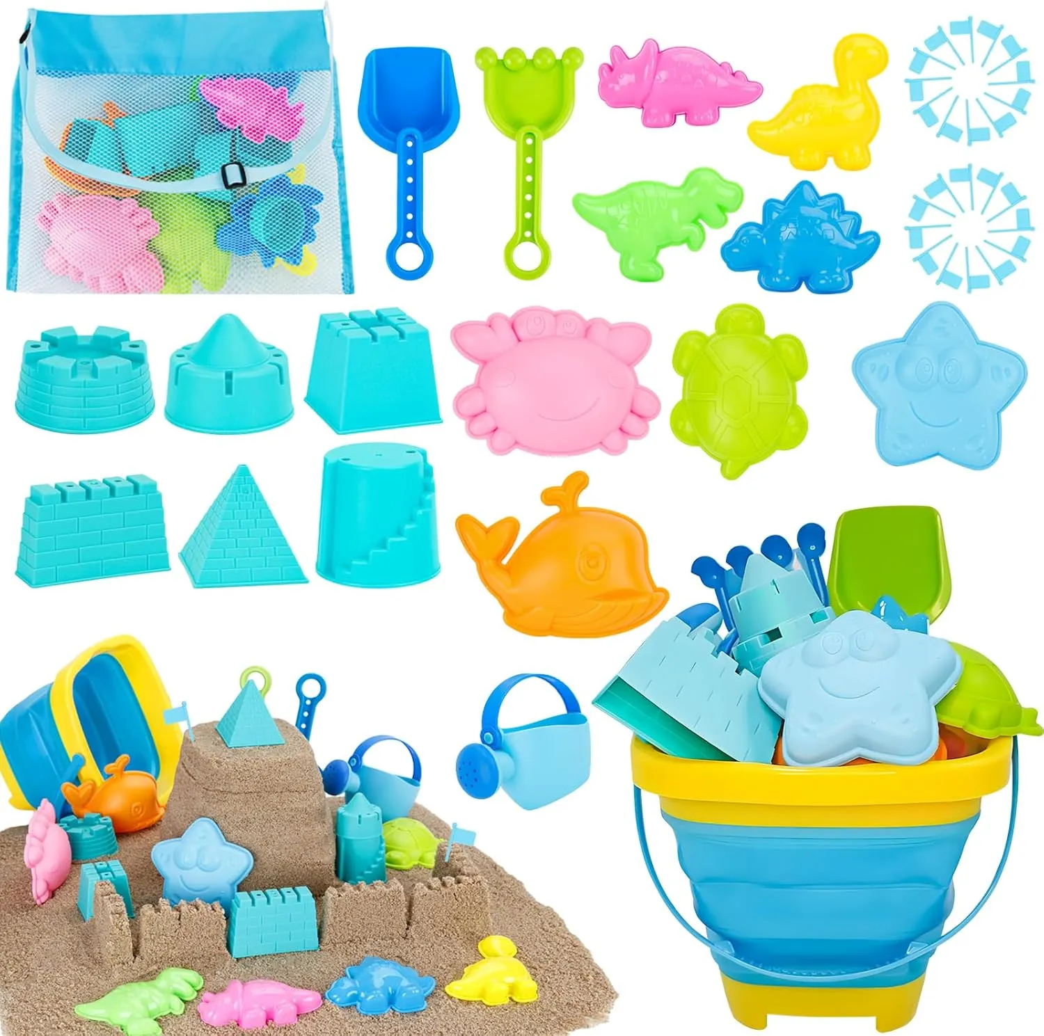 & Shovels Set & Sand Molds and Mesh Bag$ Travel Sandbox Toys for Toddlers incidental extermination Age 3-10. Collapsible Beach Toys Set for Kids Boys Castle Sand Toys Set with Sand Bucket 