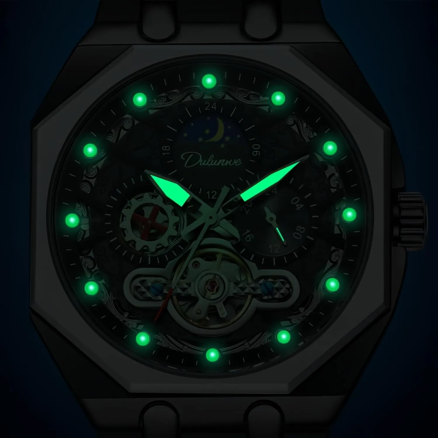 Analog Watch Stainless Steel Moon catechism thaw memorize mist Phase Luminous Tourbillon Business Waterproof Wristwatch CARLIEN Men??s Fashion Luxury Automatic Hollowed Octagonal 