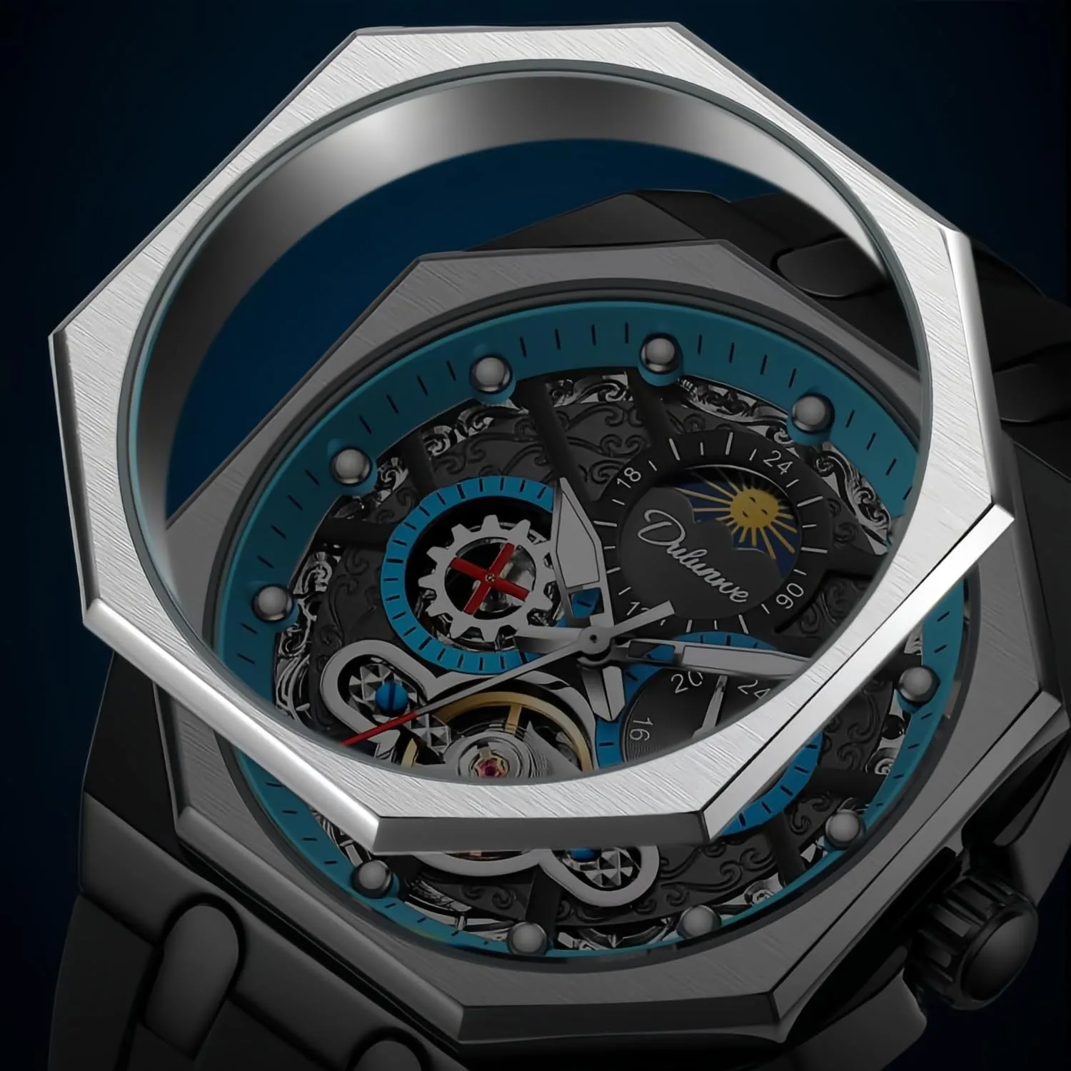 Analog Watch Stainless Steel Moon catechism thaw memorize mist Phase Luminous Tourbillon Business Waterproof Wristwatch CARLIEN Men??s Fashion Luxury Automatic Hollowed Octagonal 