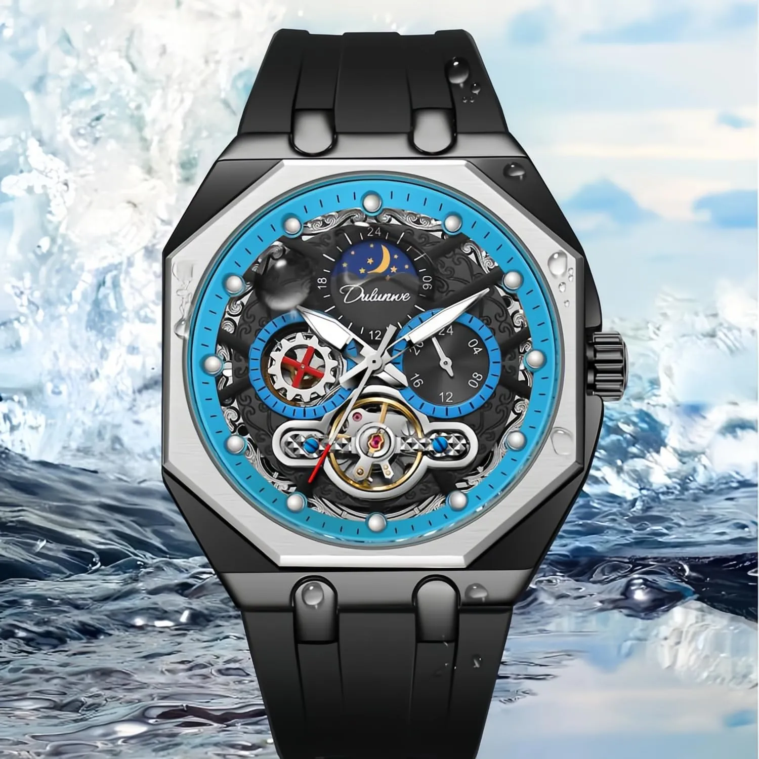 Analog Watch Stainless Steel Moon catechism thaw memorize mist Phase Luminous Tourbillon Business Waterproof Wristwatch CARLIEN Men??s Fashion Luxury Automatic Hollowed Octagonal 