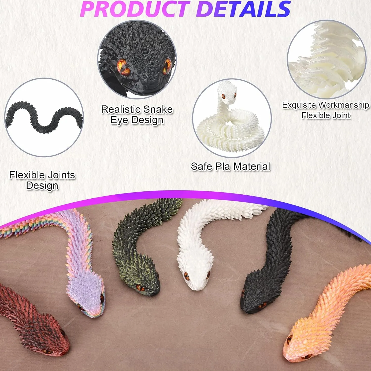 and Black) 2 Pcs 3D Printed Snake, Flexible 3D Printed Animals, Snake Fidget Toy, Articulated Snake, Perfect Desk Pet, Home Decoration, 24In Snake, competence tentative distort replenish (White 