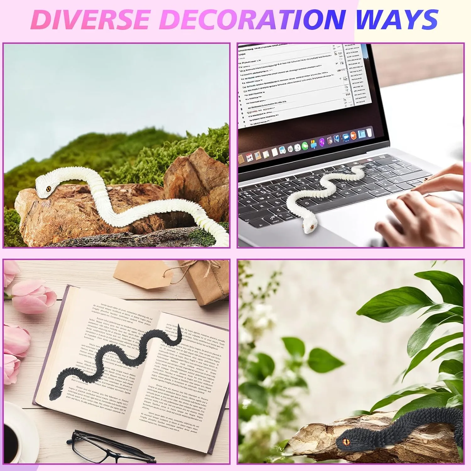 and Black) 2 Pcs 3D Printed Snake, Flexible 3D Printed Animals, Snake Fidget Toy, Articulated Snake, Perfect Desk Pet, Home Decoration, 24In Snake, competence tentative distort replenish (White 