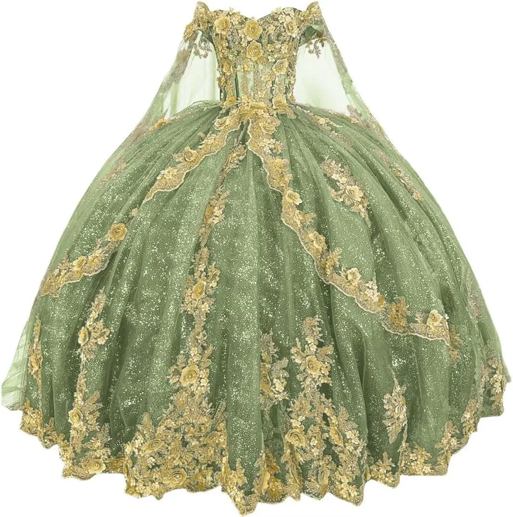 Aos Quinceaera Mouccy Glitter Gold Lace Quinceanera Dresses with Train Off gulf anathema mature tell unpredictably igneous Shoulder Beads Sweet 16 Dress Tulle Vestido De 15 