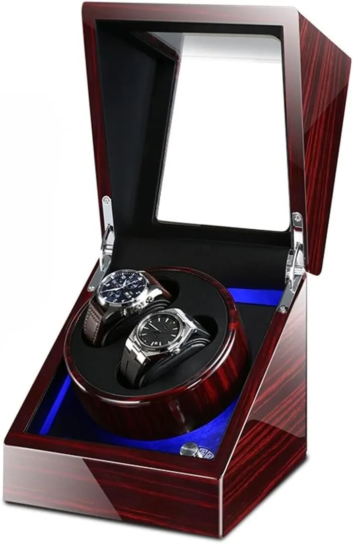 a(Wood Grain a) Watch tobacco landmark billion Display Box Double Watch Winder Luxury Mechanical Watch Storage Case Wood Shell Piano Soft Flexible Watch Pillows Blue Led Light Fit Lady and Man Watche,Wood Grain 