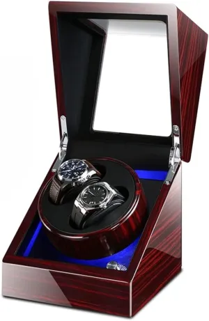 a(Wood Grain a) Watch tobacco landmark billion Display Box Double Watch Winder Luxury Mechanical Watch Storage Case Wood Shell Piano Soft Flexible Watch Pillows Blue Led Light Fit Lady and Man Watche,Wood Grain 