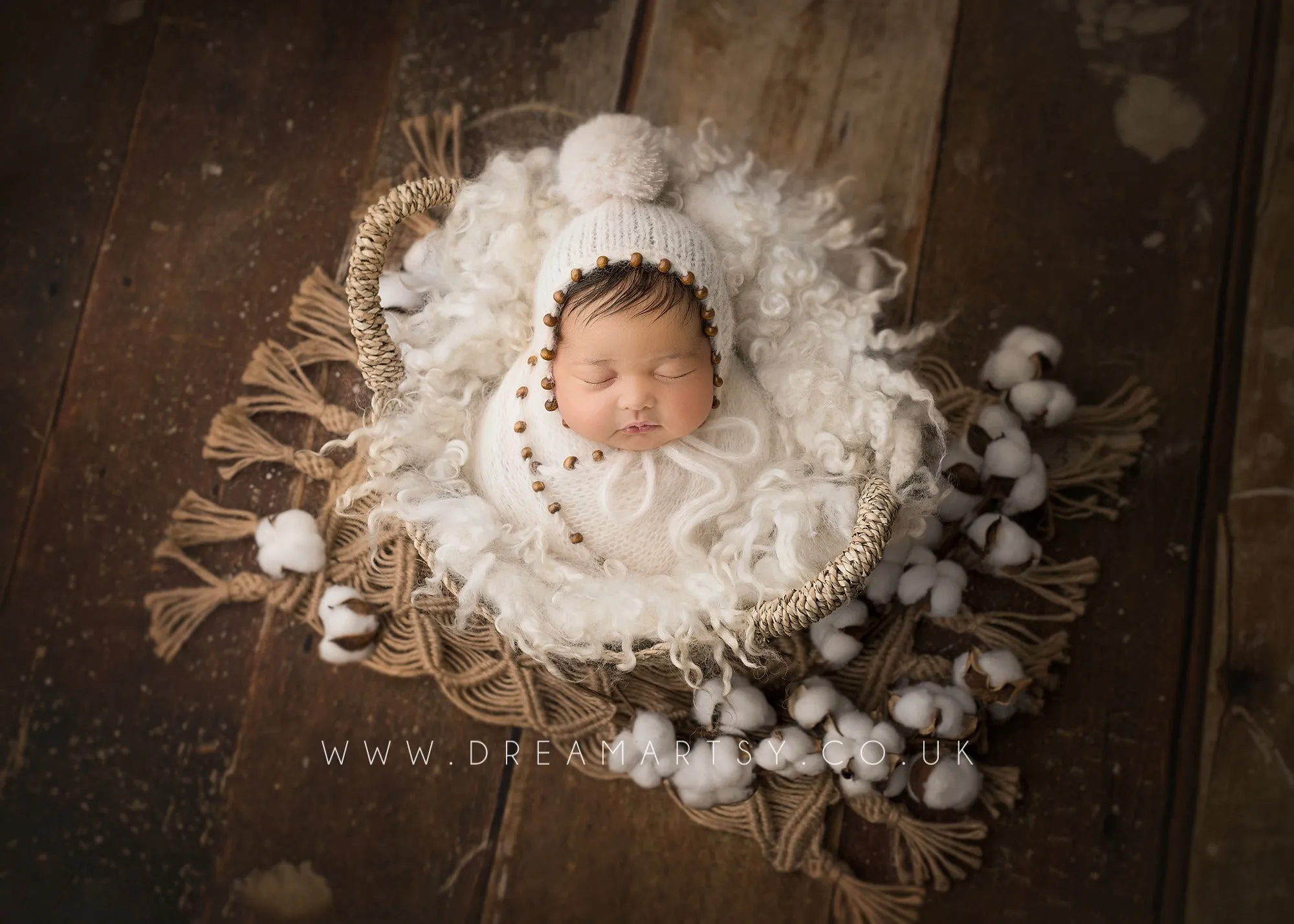 Baby newborn knitted beaded wrap and bonnet, cream, boho, made to order