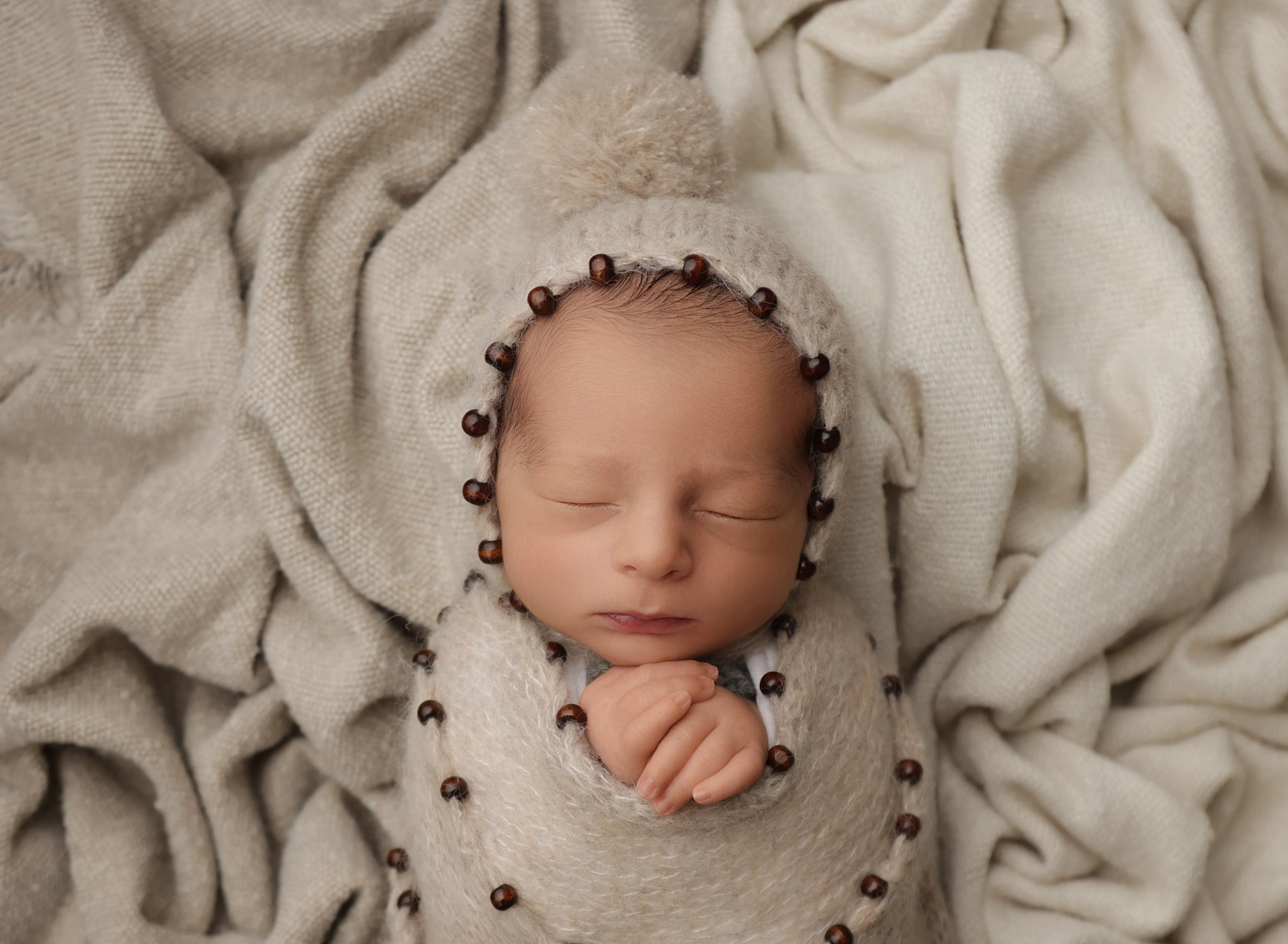 Baby newborn knitted beaded wrap and bonnet, cream, boho, made to order