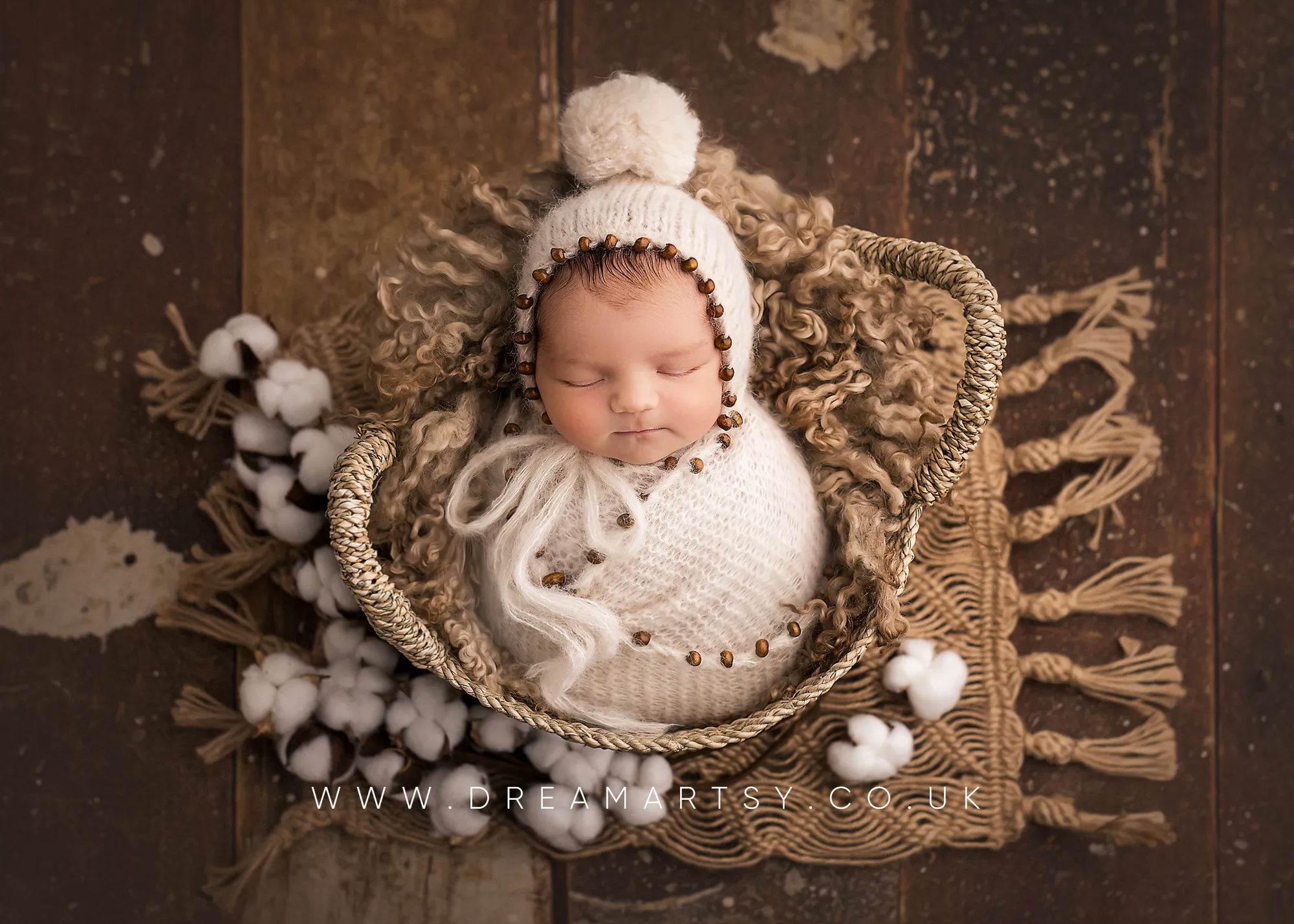 Baby newborn knitted beaded wrap and bonnet, cream, boho, made to order