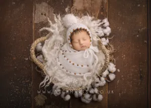 Baby newborn knitted beaded wrap and bonnet, cream, boho, made to order